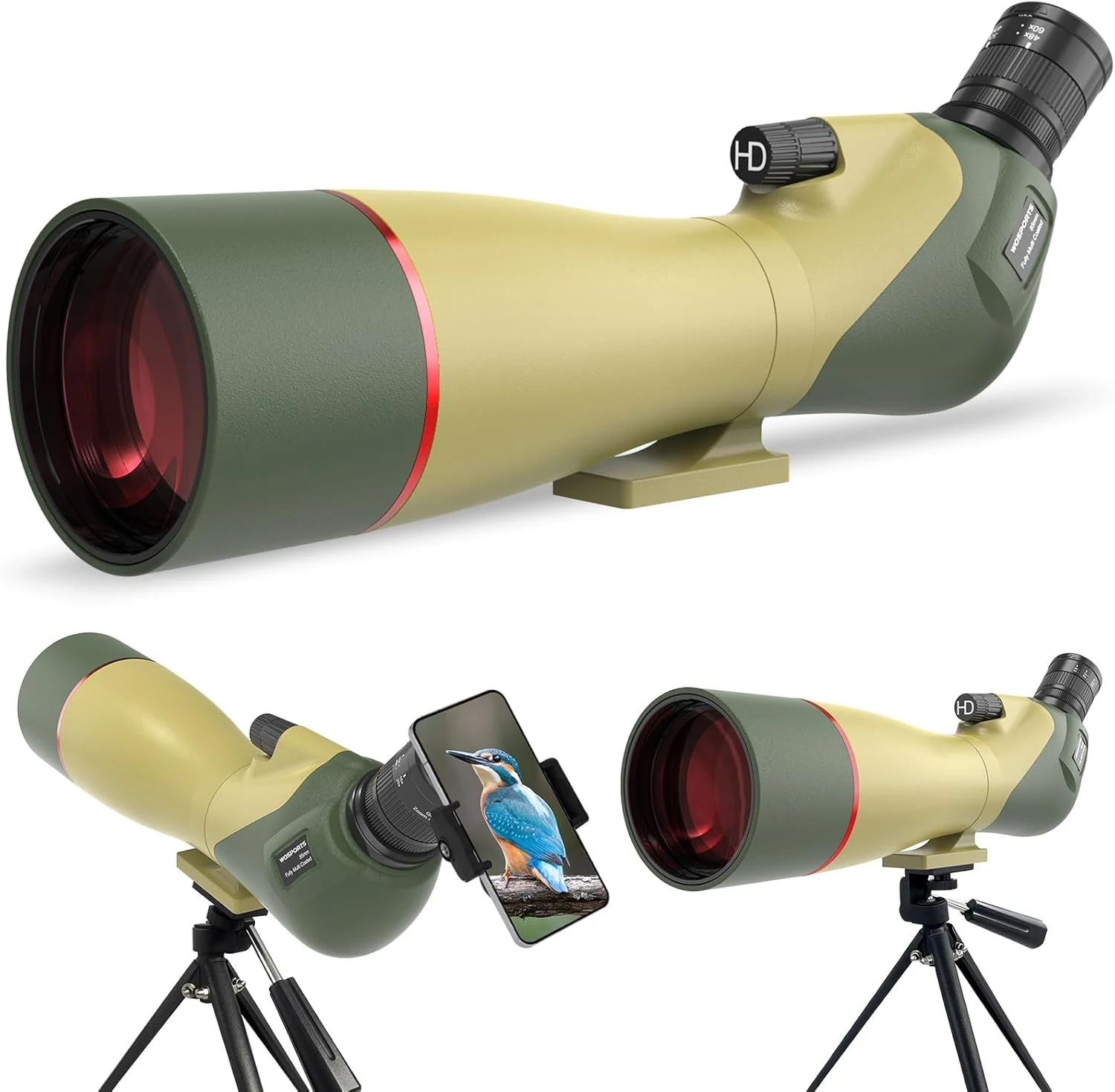 WOSPORTS 85mm Spotting Scopes with Tripod, Carrying Bag, Phone Adapter, HD BAK4 Porro Prism