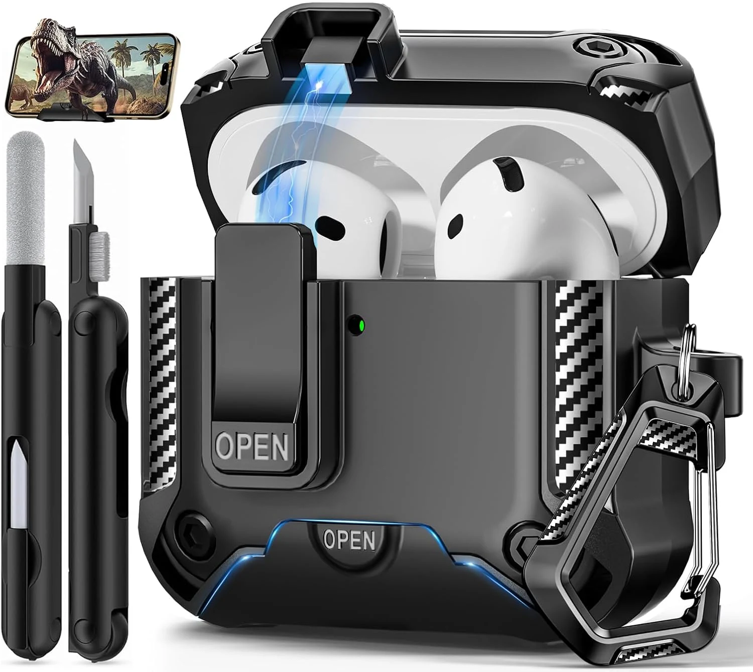 Compatible with AirPods 4 Case with Phone Stand, Automatic Snap Switch Lock, Carbon Fiber Texture Cover with Cleaner Kit (Balck, for AirPods 4)
