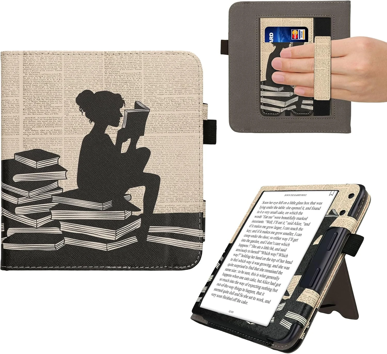 kwmobile Case Compatible with Kobo Libra Colour (Girl and Books Black/Beige)
