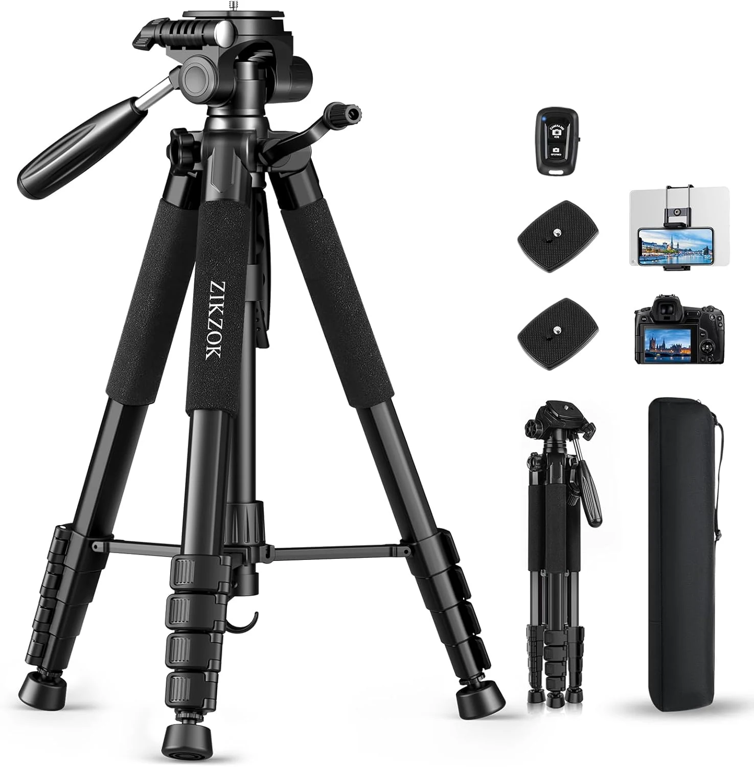 75" Camera Tripod, Aluminum Heavy Duty Camera Stand for ipad Phone, Travel Tripod with/Carry Bag/Phone Tablet Holder