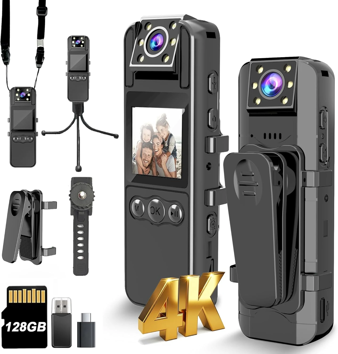 Body Camera with Audio and Video Recording, Ultra 4K Body Cam with 180° Rotating Lens, 6HR Battery, IR Cut Auto Night Vision, 128GB Body Worn Camcorder