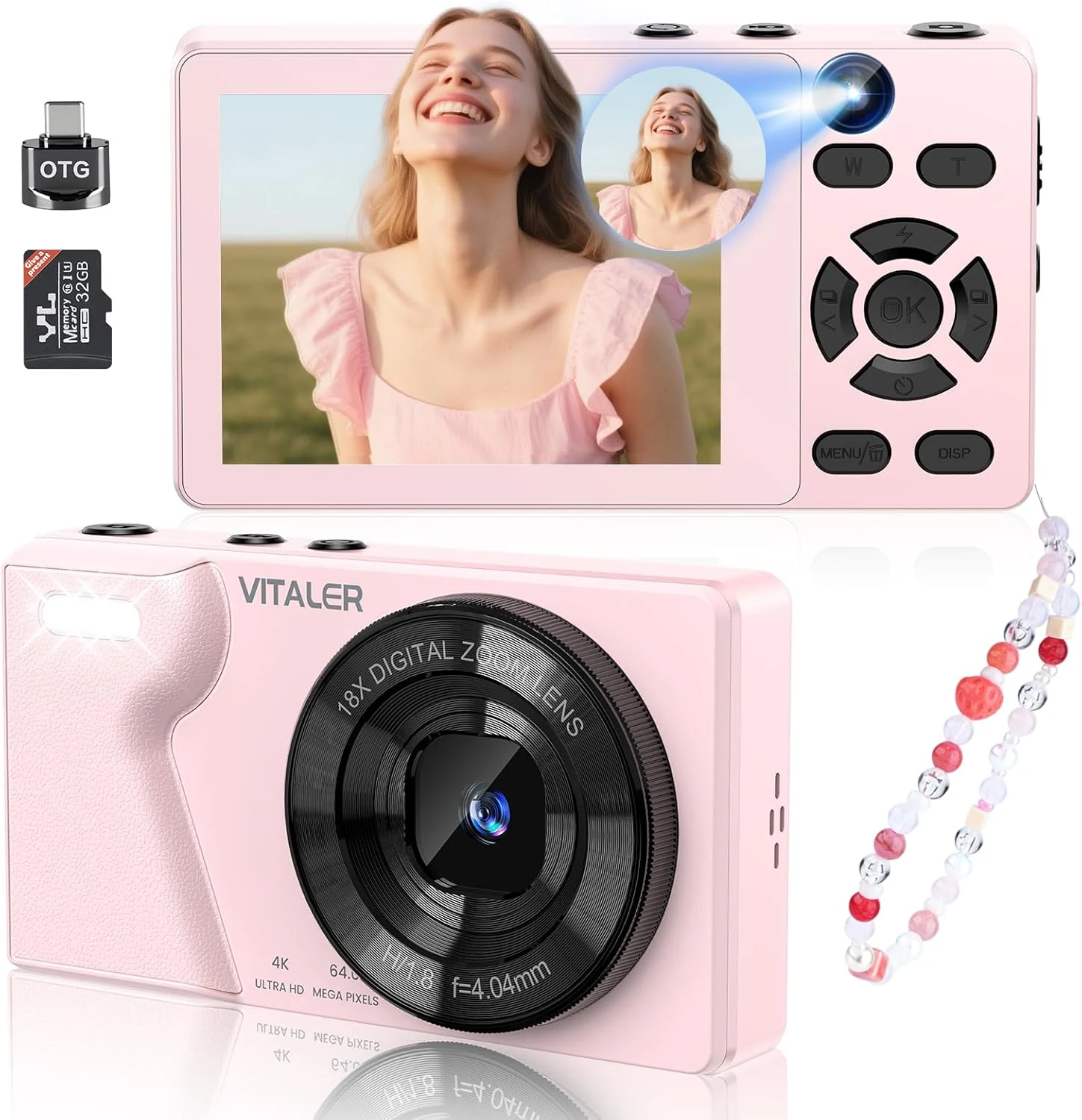 Vitaler Digital Camera with Front Rear Lens, Autofocus 64MP 4K Camera
