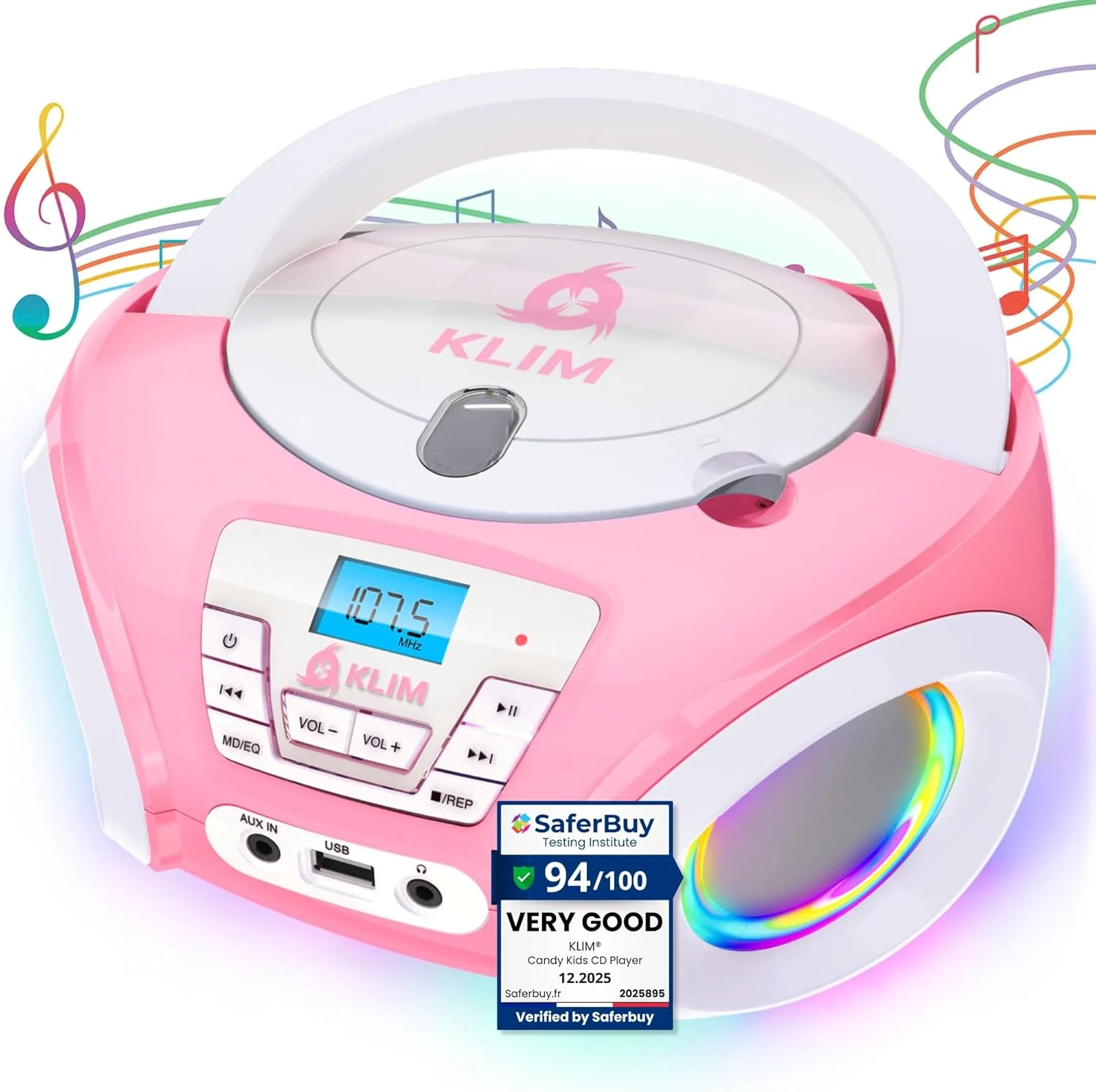 KLIM Candy Kids Portable CD Player – New Version Boombox with FM Radio & Speakers – Includes Batteries – Cute Pink Design for Kids & Toddlers - Rose