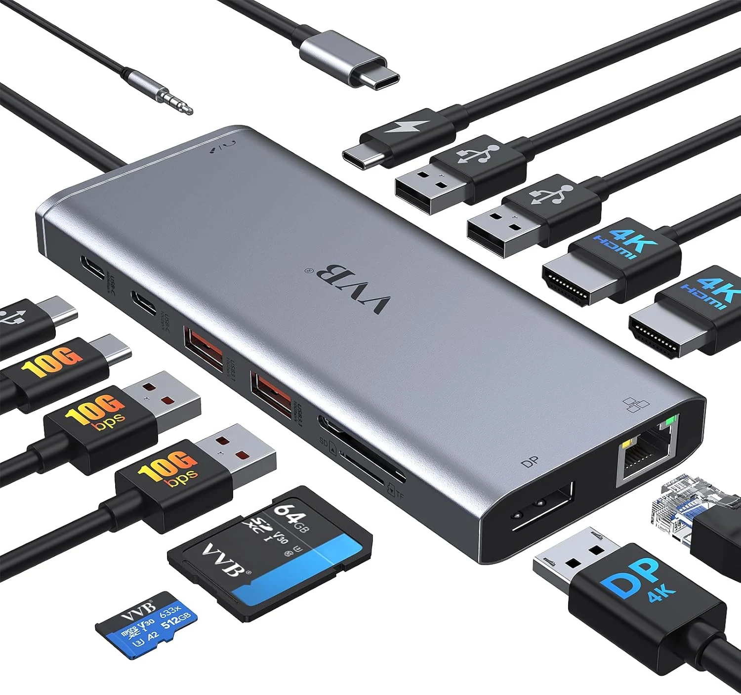 VVB USB C Laptop Docking Station Dual Monitor HDMI for Dell/Lenovo/HP (14-in-1)