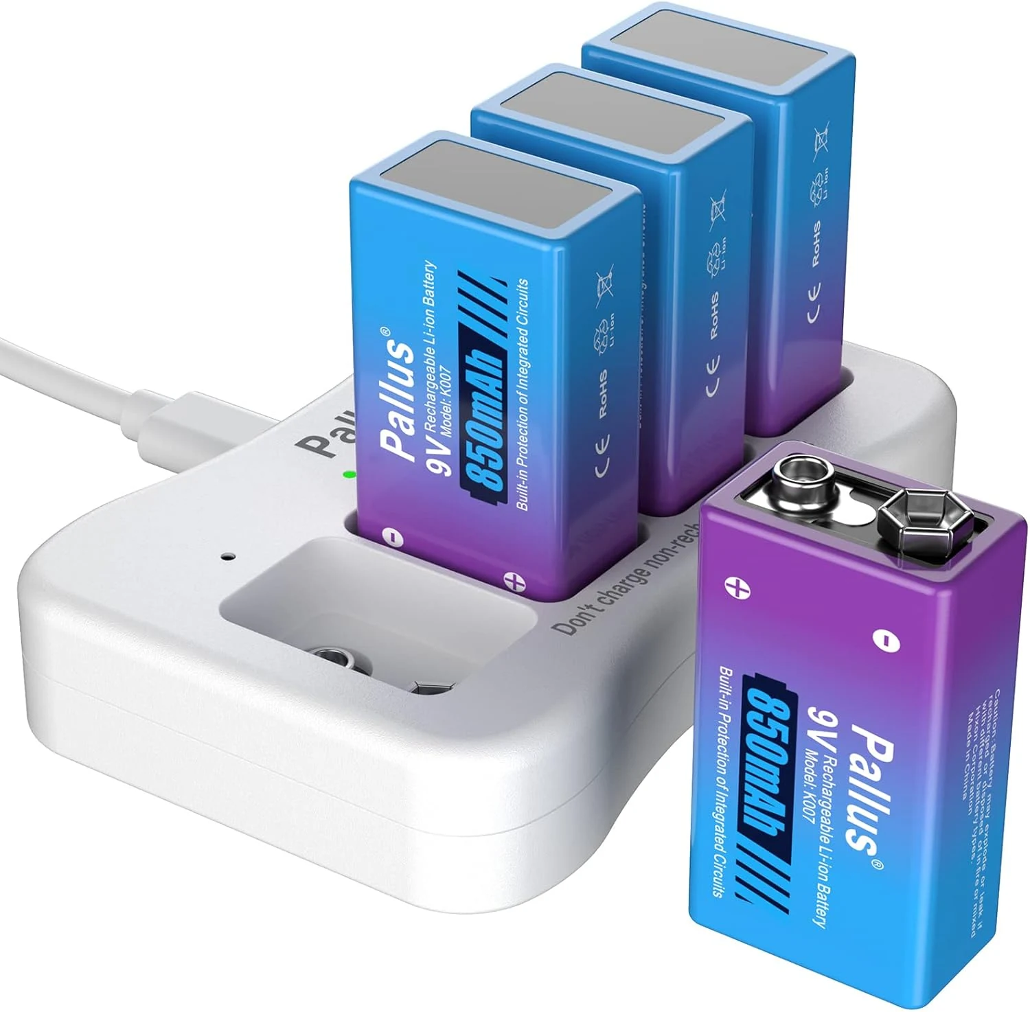 Pallus Rechargeable 9v Batteries with Charger, 4 Pack 850mAh Lithium Rechargeable 9 Volt Batteries