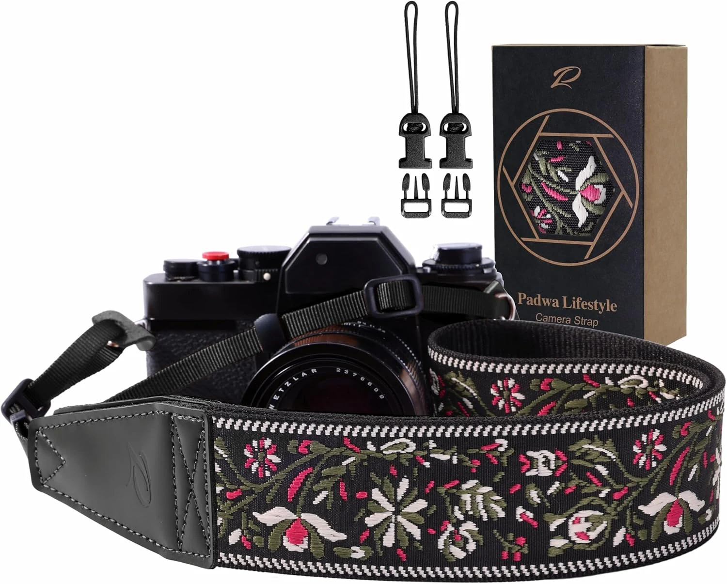 Padwa Lifestyle Camera Strap - 2" Full Grain Leather Ends Camera Straps for Photographers, Vintage Embroidered Cotton Weave Soft Strap Quick Release fits All Cameras