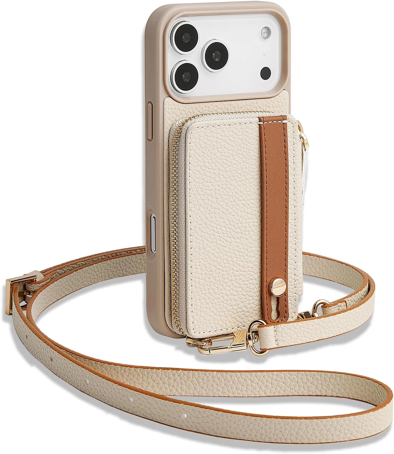 LAMEEKU for iPhone 17 Pro Max Wallet Case with Card Holder, Crossbody Case with Kickstand Wrist Strap Cover 6.9 inch Beige