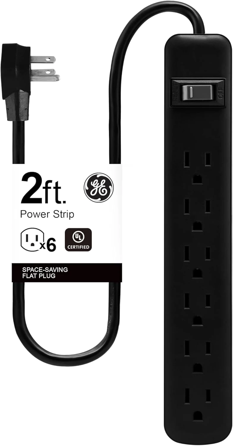 GE 6-Outlet Power Strip, 2ft Cord, Wall Mount, Integrated Circuit Breaker, 15A, 1800W, UL Listed, Black (14831)