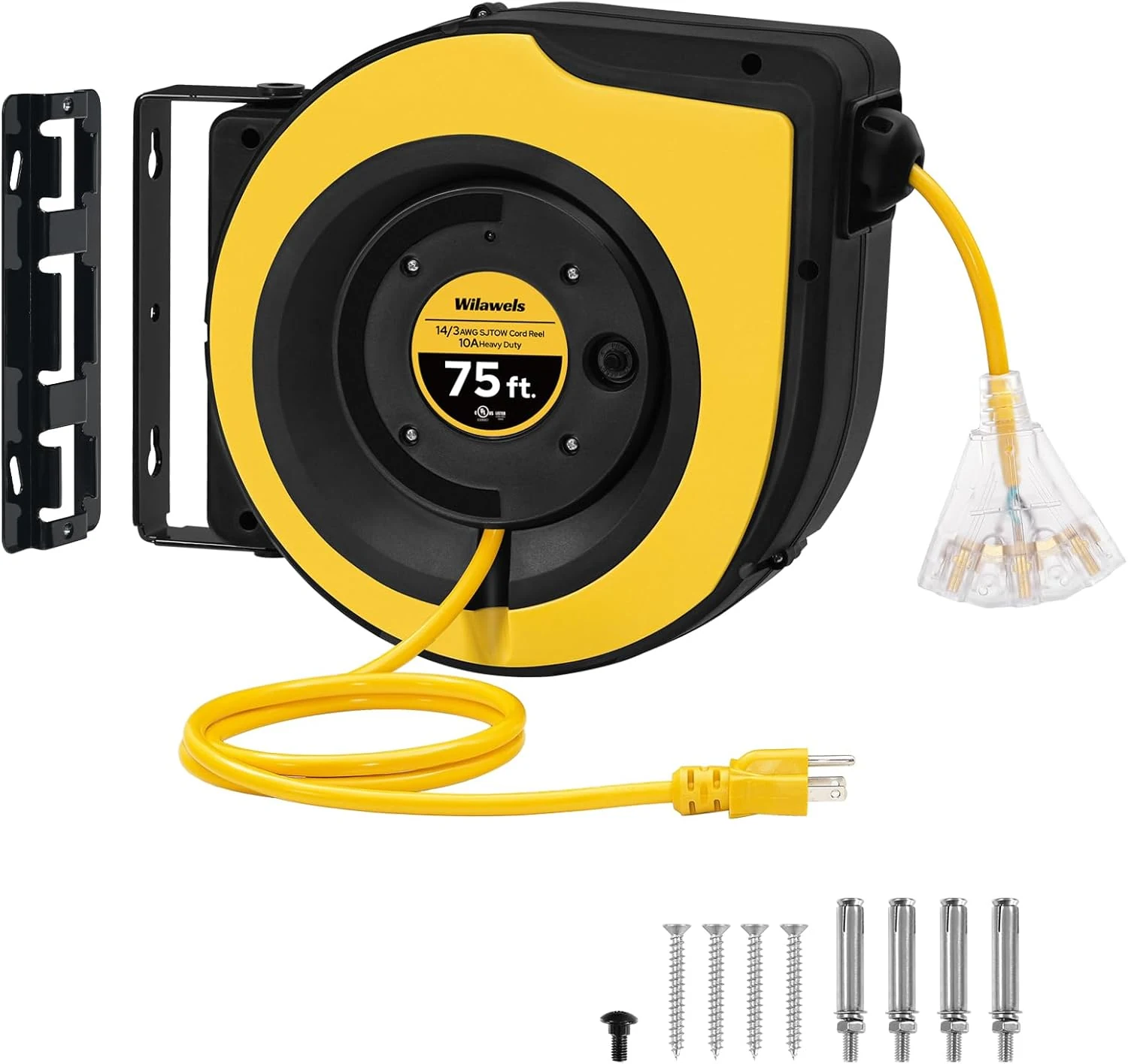 Retractable Extension Cord Reel, 75 FT Extension Cord Reel, 14AWG/3C SJTOW Heavy Duty Power Cord Reel, Lighted Triple Tap, 10A Circuit Breaker, Wall/Ceiling Mounted, Yellow Y75CR06