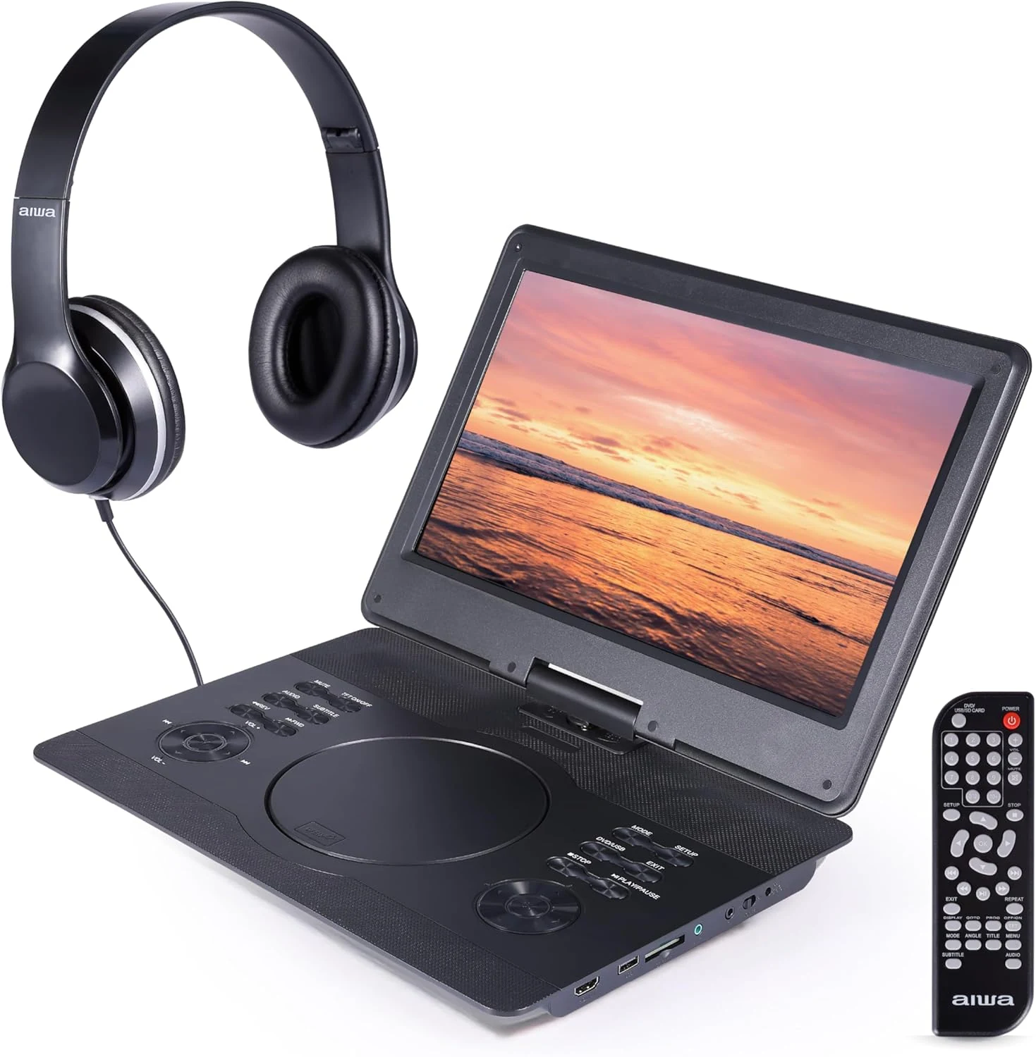 Aiwa 14" Portable Media Player Travel Kit (DVD/CD) with Swiveling Screen, HDMI, Speakers & Accessories