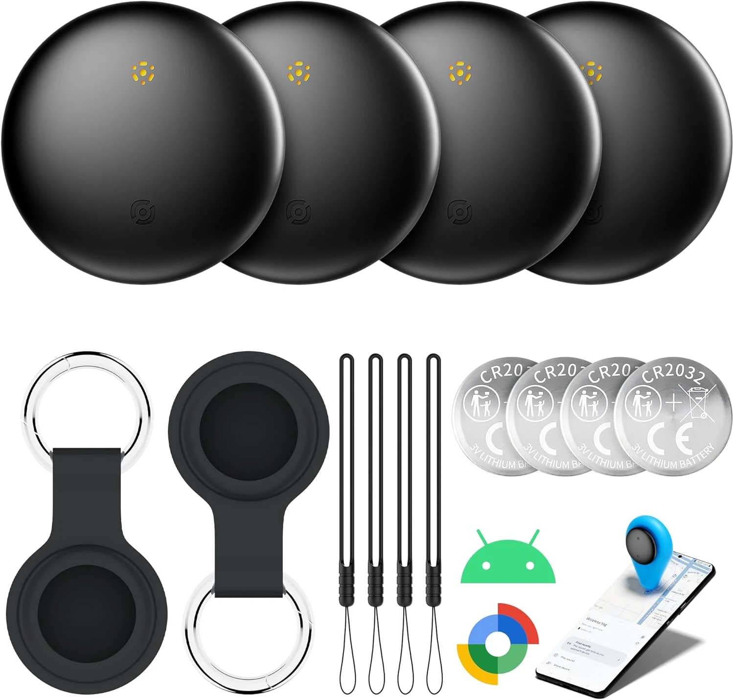 Bluetooth Tracker 4-Pack for Android & Samsung with Case, 2-Year Battery Life, Smart Tag Item Finder for Keys Wallet Luggage, IP66 Waterproof, Works with Google Find Hub (Black)