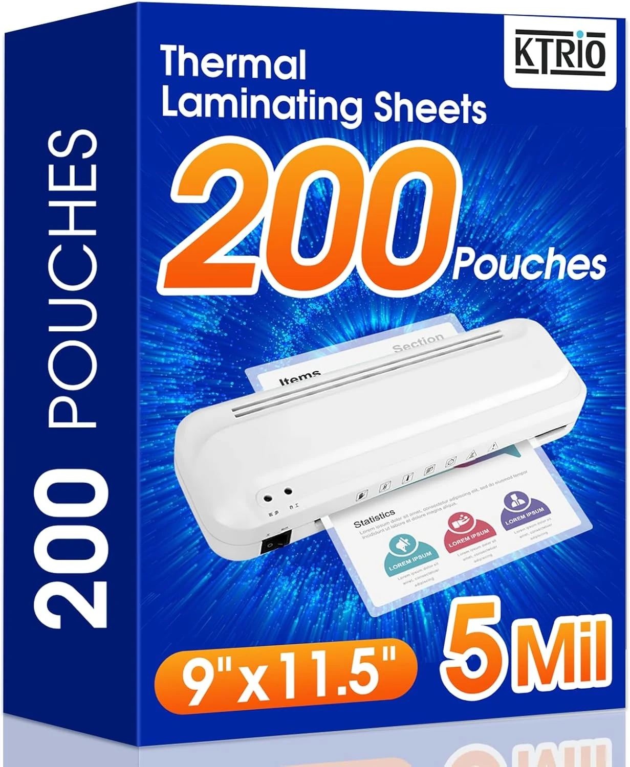 KTRIO 200 Pack Laminating Sheets 5 Mil, Hold 8.5 x 11 Inches Laminate Sheets (9 x 11.5 thermal pouches)