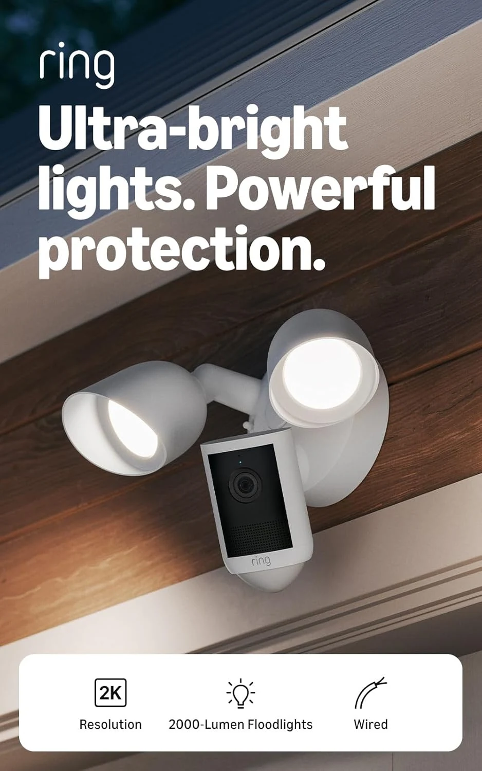Ring Floodlight Cam, Wired (newest model), Home or business security, Wide-Angle Retinal 2K Video, 6x Enhanced Zoom, Ultra-Bright Floodlights, White