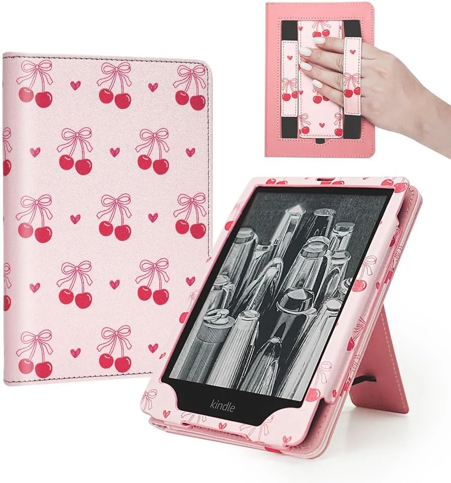 Pink Cherry Bow Case for 7"/6.8" Kindle Paperwhite 12th/11th Gen, Pocketbook, Colorsoft