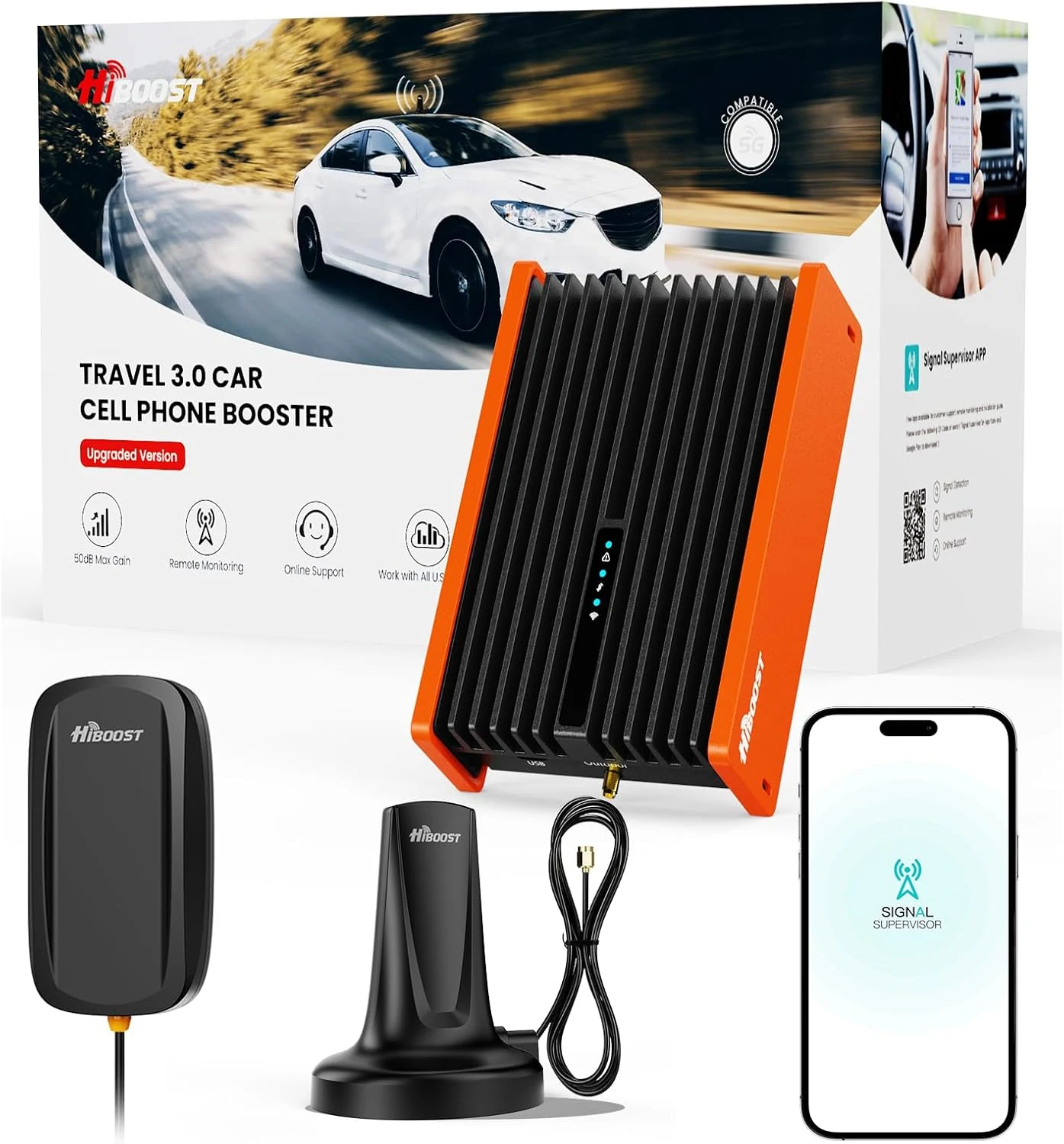 HiBoost Cell Phone Booster for Car and SUV Pickup, Signal Booster 5G & 4G LTE for All U.S. Carriers, with Enhanced Magnetic Roof Antenna