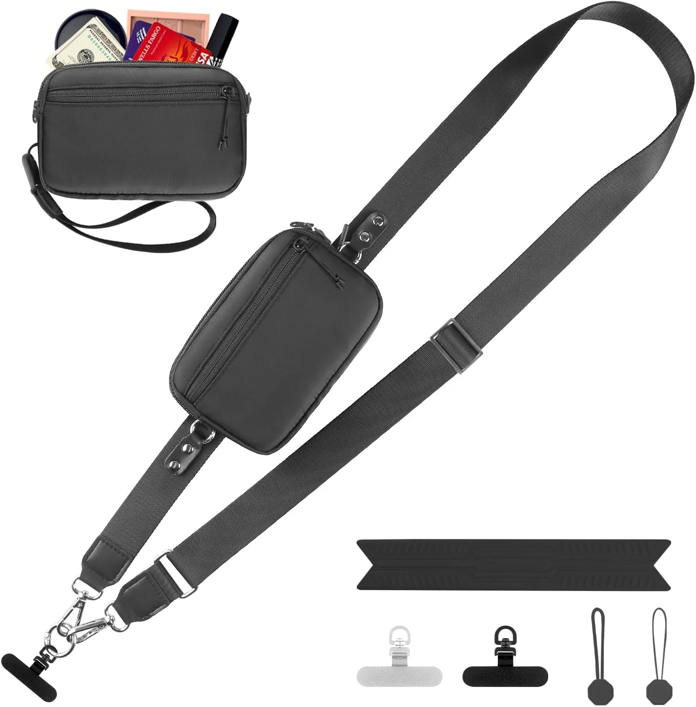 YFWE Clip and Go Strap for Phone with Wallet Crossbody, Adjustable Phone Lanyard with Detachable RFID Wristlet Wallet, Universal Phone Strap with 360° Rotatable Phone Tabs for All Phones (Black)
