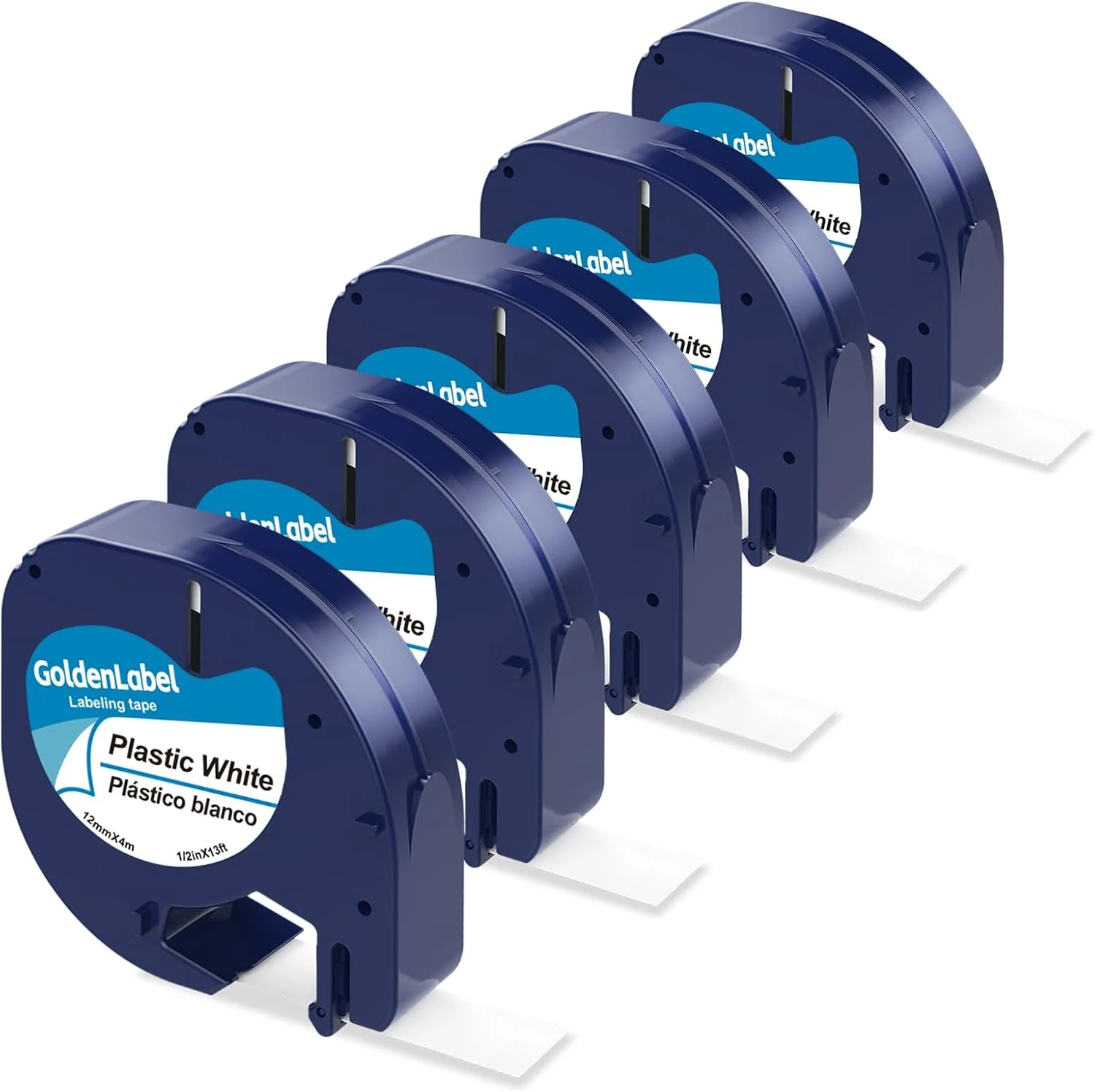 Compatible with Dymo LetraTag Refills, Plastic White Tape, 12mm x 4m (1/2 in x 13 ft), 5 Pack