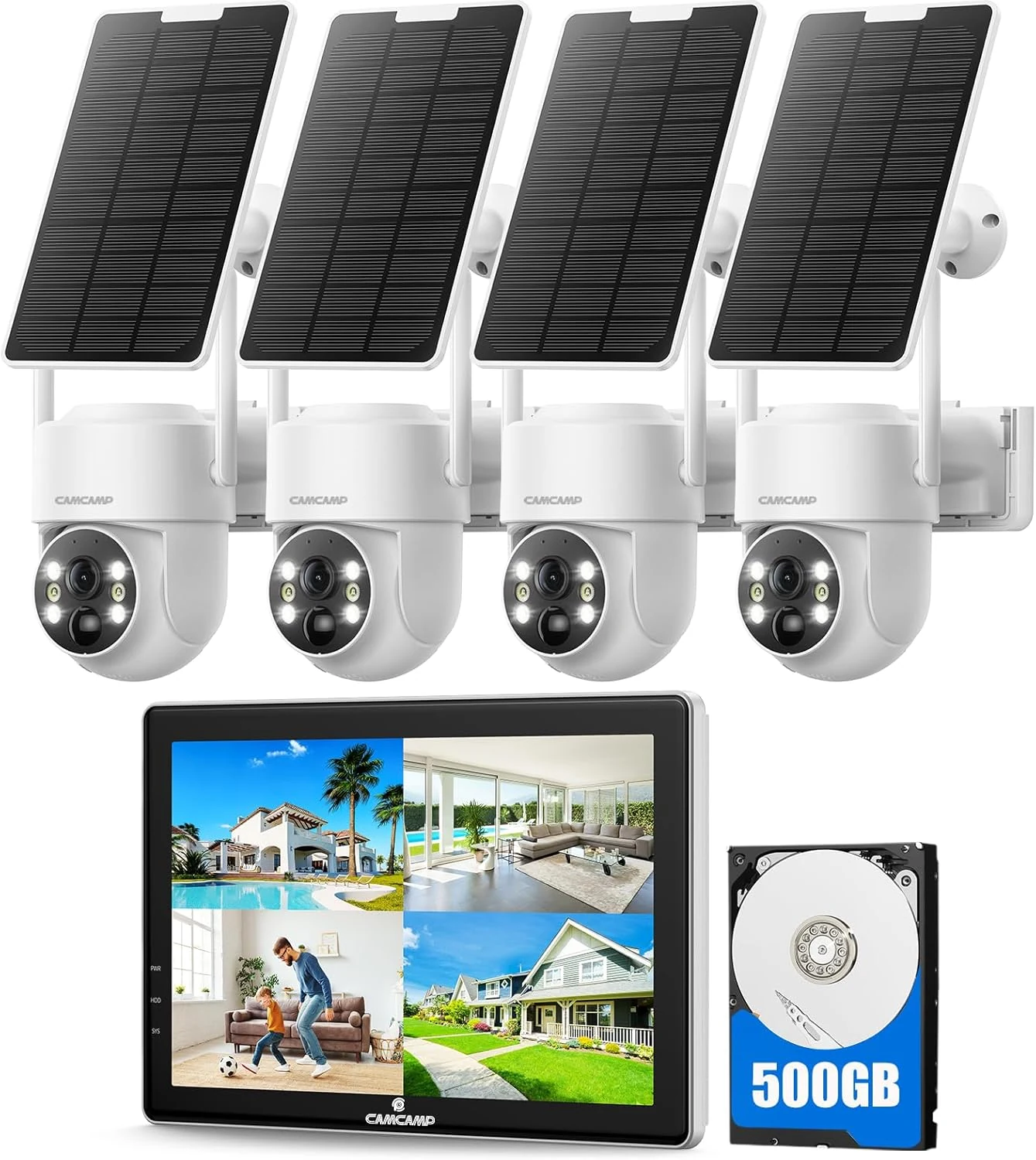 Camcamp Solar Security Cameras Wireless Outdoor with 10" Monitor, 4 Cam Kit | 100% Wire-Free, 360° View, Pan & Tilt, Solar-Powered, 10CH NVR, 2.4 & 5GHz WiFi Pro, 2 Way Audio, No Monthly Fee, 500GB HDD