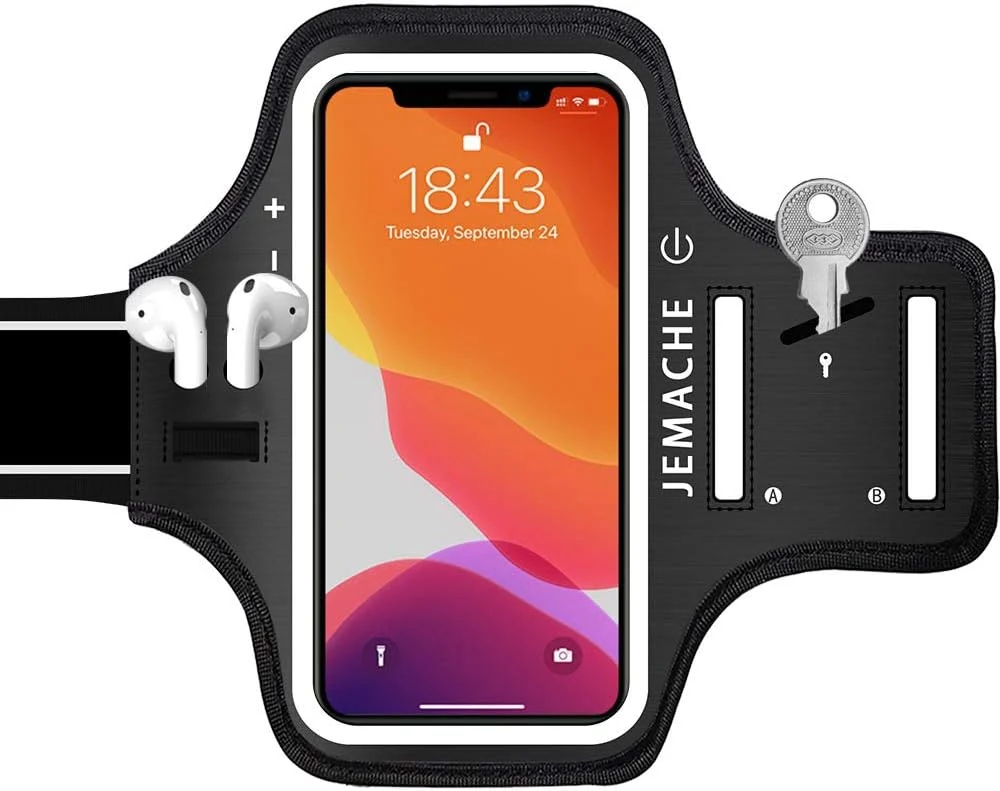 iPhone 17 16 15 Armband with Earphone Holder, JEMACHE Water Resistant Gym Running Workouts Arm Band for iPhone 17 16 15 14 13 12 Pro (Black)