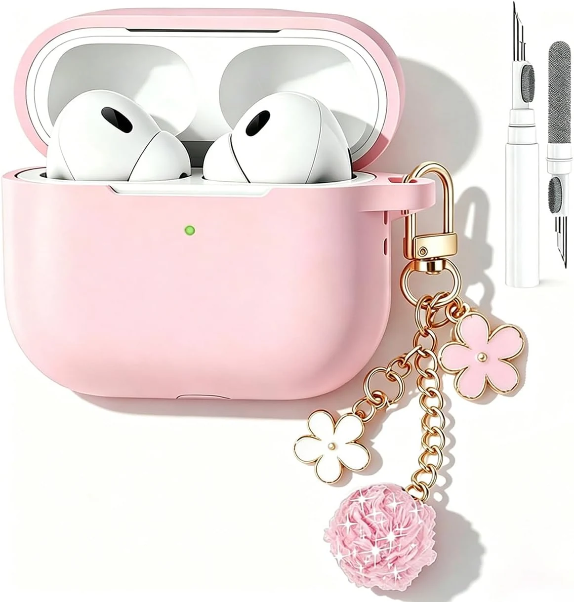 Cute Pink Case for Airpods Pro 3 Cover for Girl Women with Pom pom Flower Keychain & Cleaner Kit, Soft Silicone Protective Skin for Airpods Pro 3rd Generation 2025, Pink