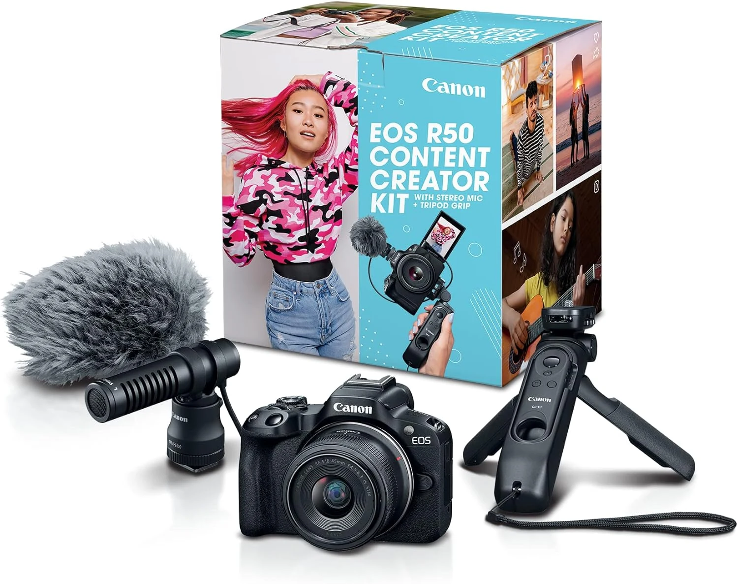 Canon EOS R50 Content Creator Kit, Hybrid Mirrorless Camera with RF-S18-45mm F4.5-6.3 IS STM Lens, Tripod Grip, Microphone, Wireless Remote Control, 24.2 MP CMOS (APS-C) Sensor, Vlogging Camera, Black