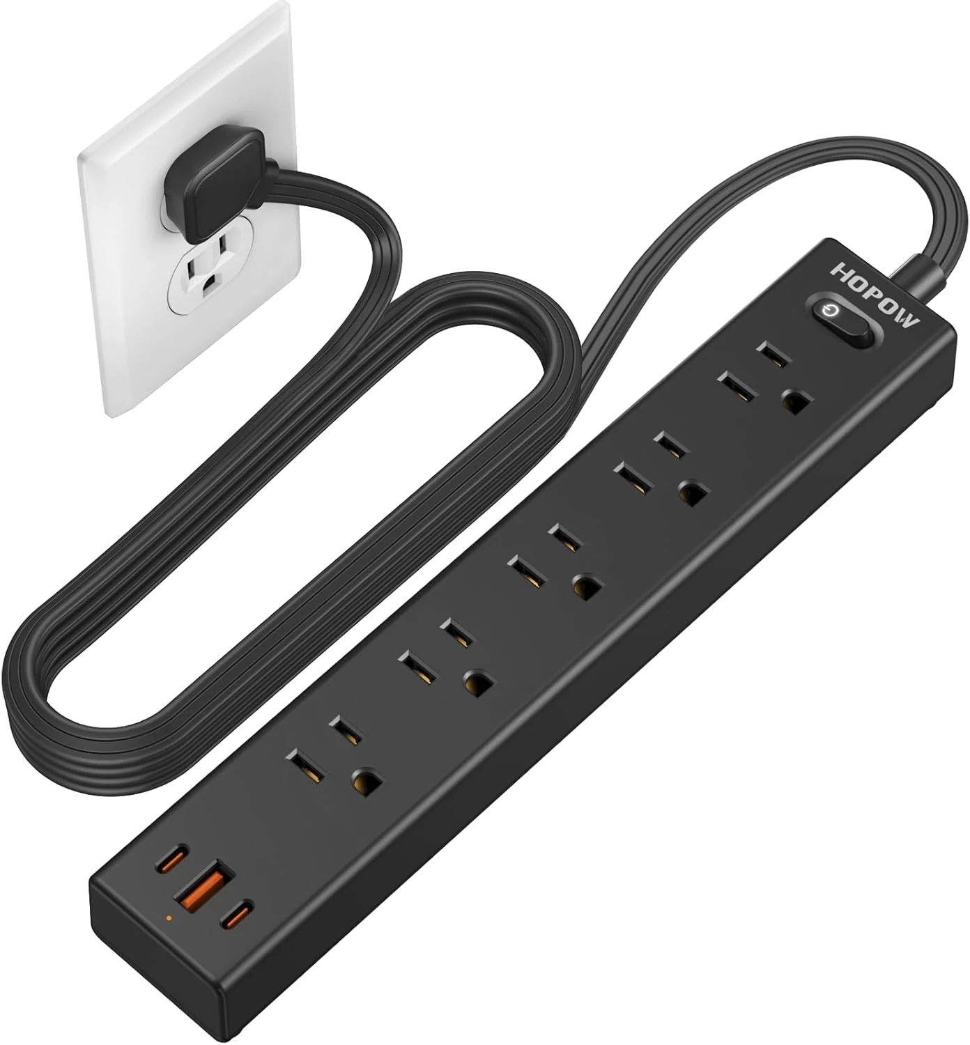 HOPOW Flat Plug Power Strip, 6 Ft Ultra Thin Extension Cord, Surge Protector with 5 Outlets & 3 USB Ports (2 USB C)