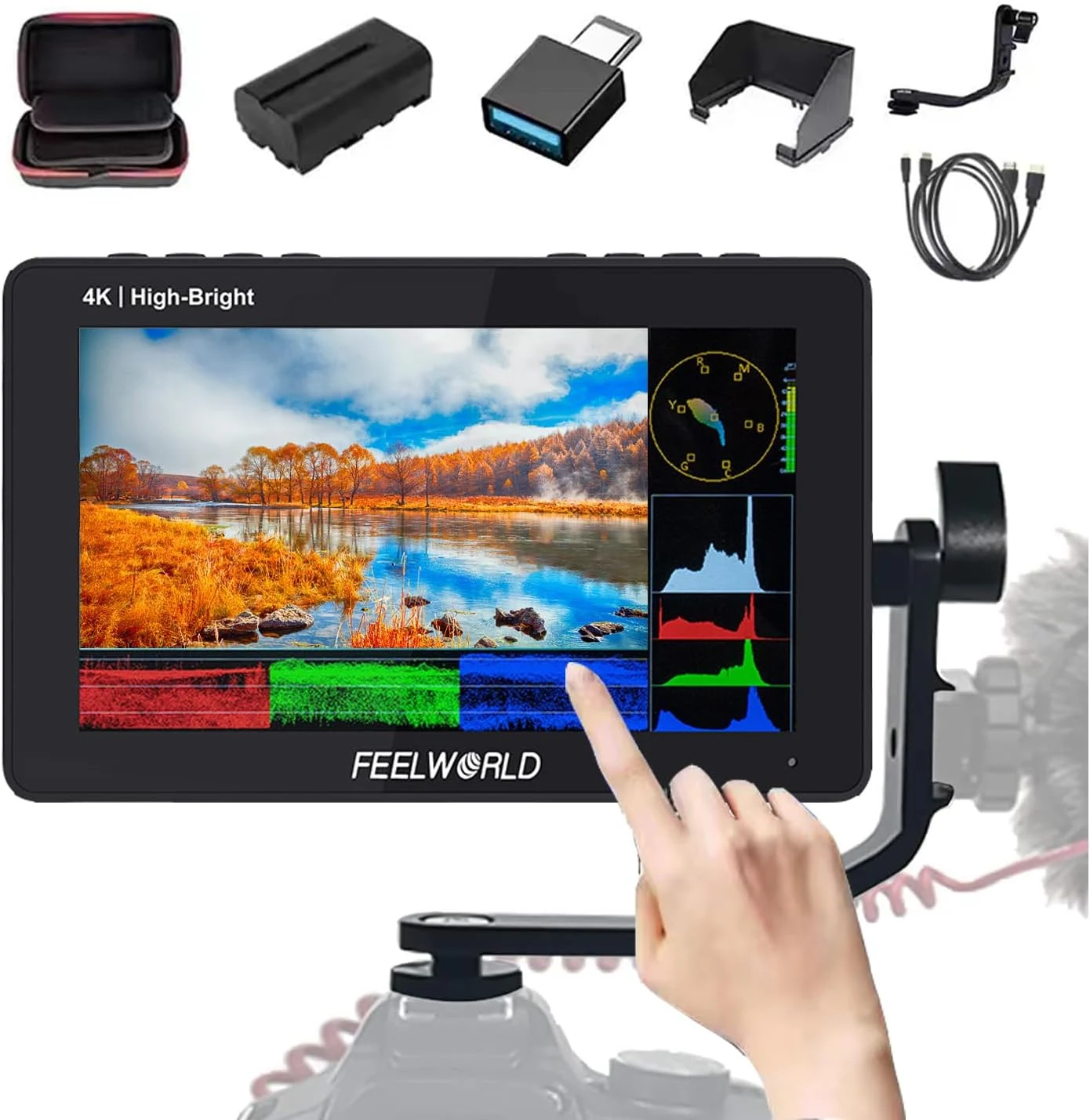 FEELWORLD F5 Prox + Battery + Carry Case 5.5 Inch 1600nits DSLR Camera Field Monitor Touchscreen Waveform 3D LUT F970 External Kit Install 1920x1080 4K HDMI Input Type-c Output