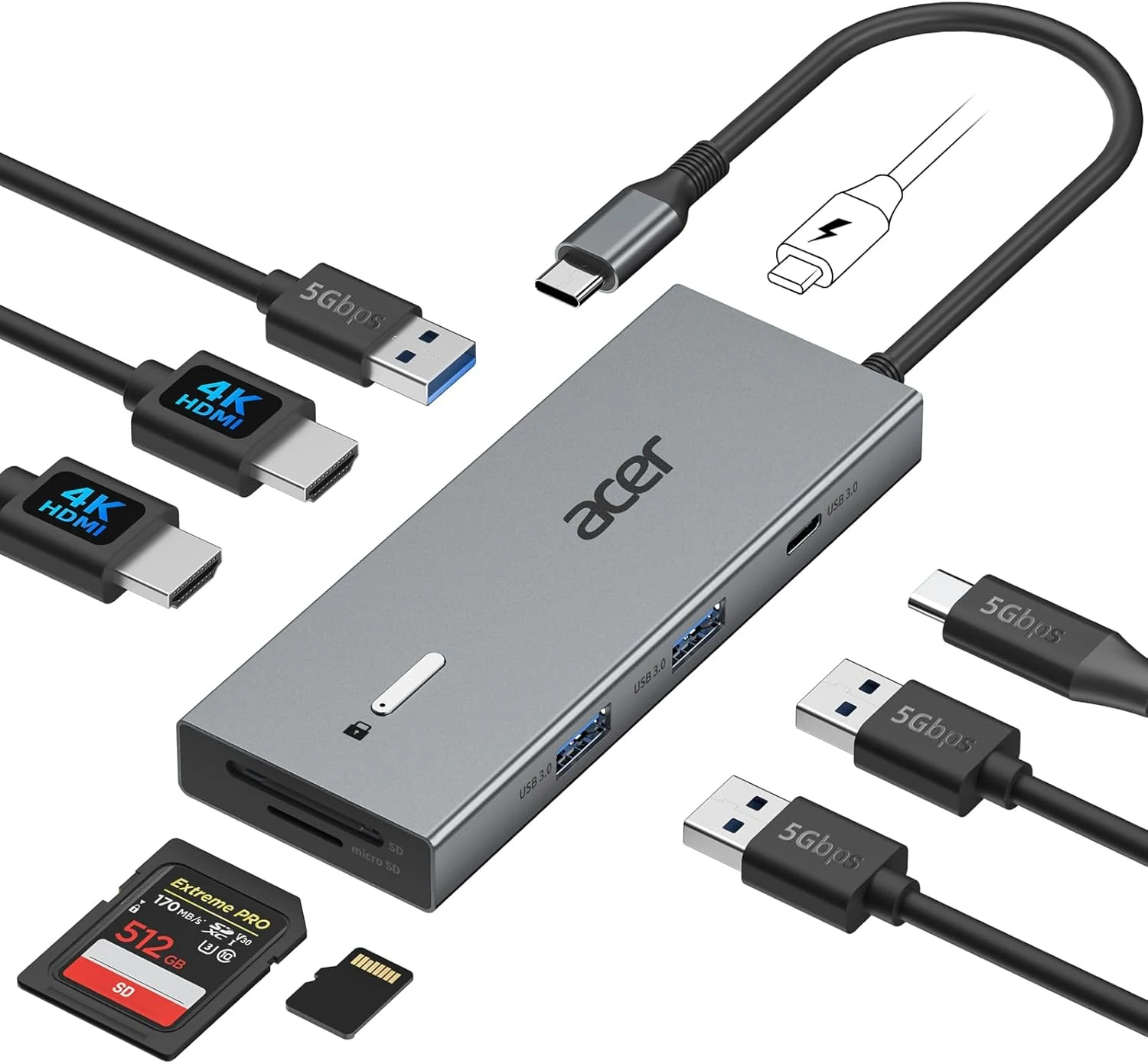 Acer USB C Docking Station Dual Monitor With 2 HDMI, 9-IN-1 Laptop Docking Station with 4K@60Hz HDMI, USB A&C 3.0, SD/Micro SD, 100W PD, USBC Dock