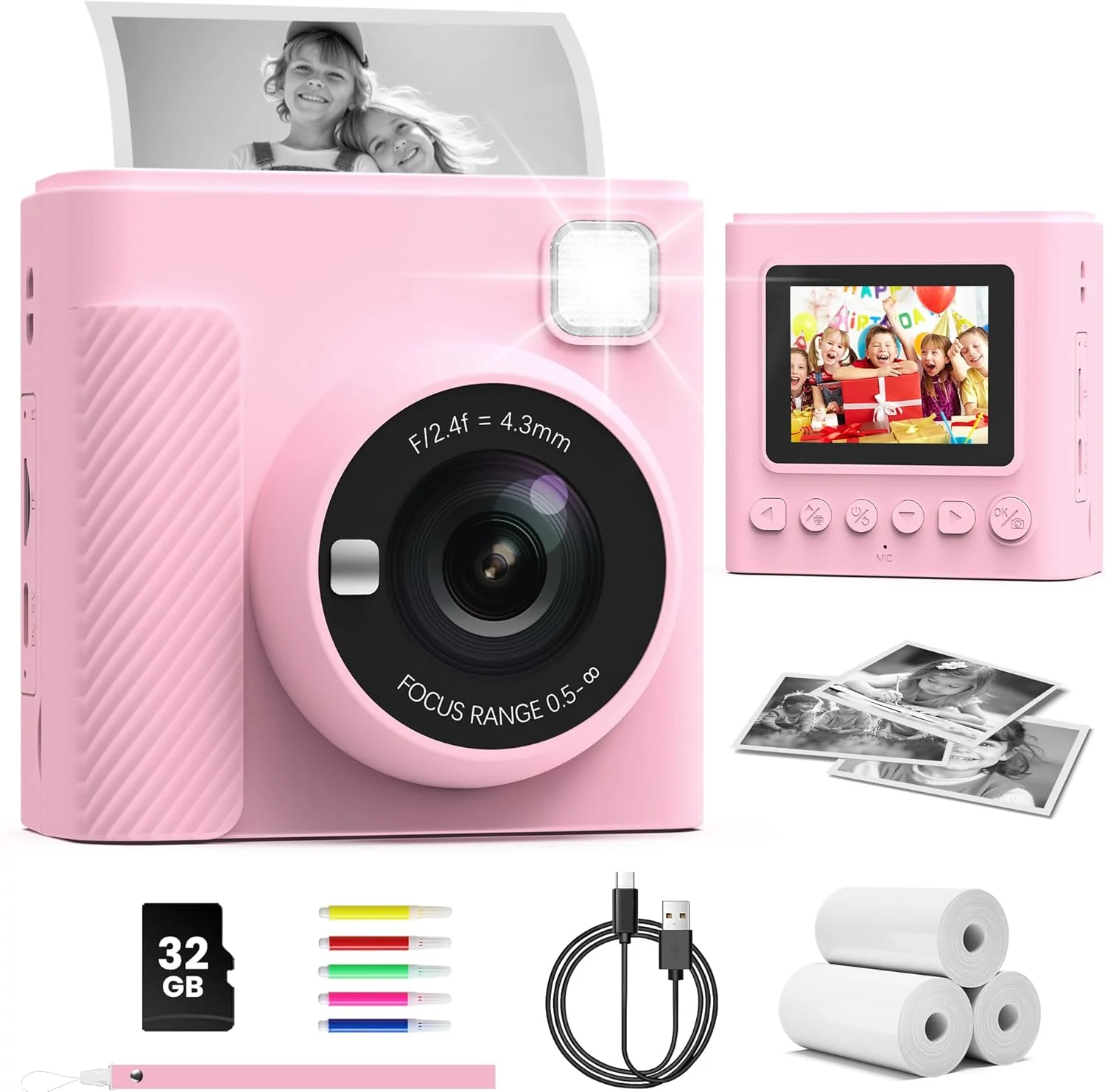 TIATUA Kids Instant Print Camera, Christmas Birthday Gifts for Girls and Boys, 1080P HD Video Digital Kids Camera with Print Paper & 32G Card, Toddler Toy for 3-14 Years Old (Pink)
