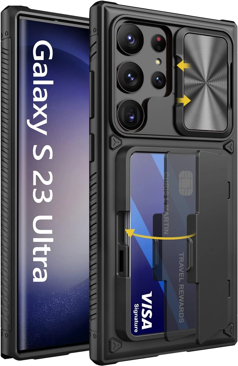 Vihibii for Samsung Galaxy S23 Ultra Case with Card Holder (4 Cards) & Sliding Camera Cover & Kickstand, Shockproof Rugged Hard Back & TPU Edge Wallet Cover for Galaxy S23 Ultra 5G 6.8" 2023, Black