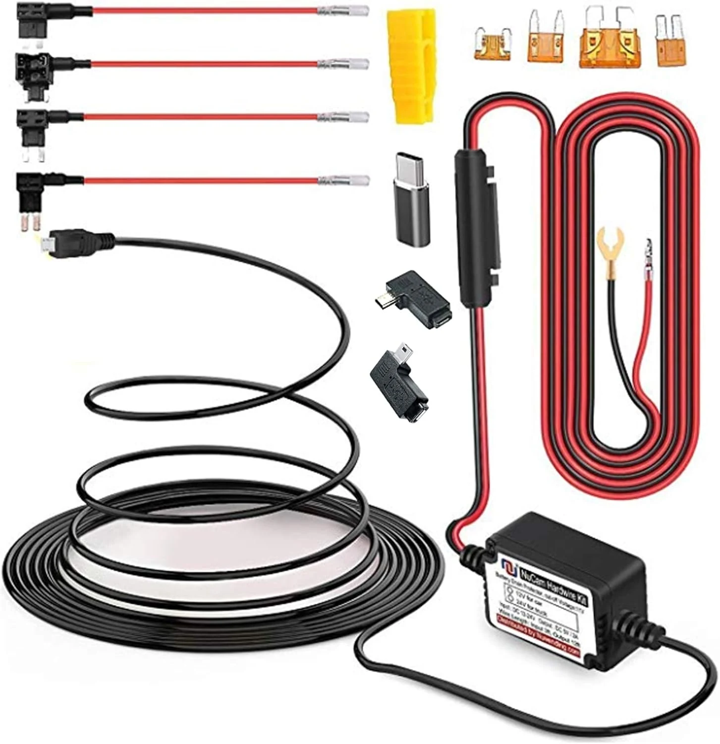 NUNET Type C Dash Cam Hardwire Kit, MicroUSB & Mini USB 15ft Power Cable with Low Voltage Protection (11.9V cut-off)