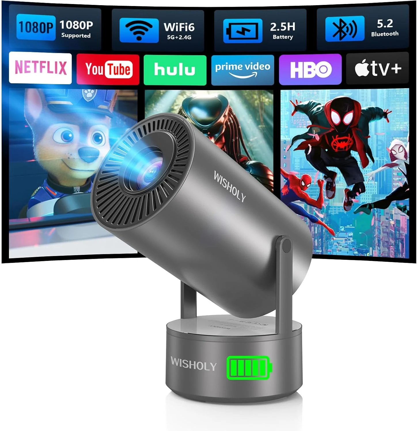 WISHOLY portable projector with built-in battery for outdoor & travel, mini projector with WiFi and Bluetooth