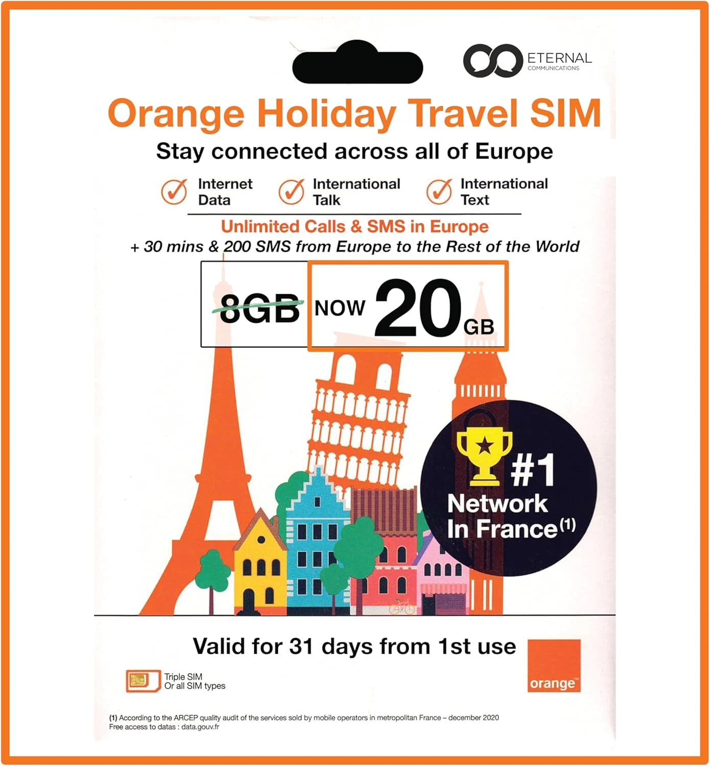 Preloaded Orange Travel Sim Card Now with 20GB of 4G Data, Unlimited Calls & SMS in Europe, 30 mins & 200 SMS from Europe to Worldwide (Lasts for 31 Days). Tethering Allowed