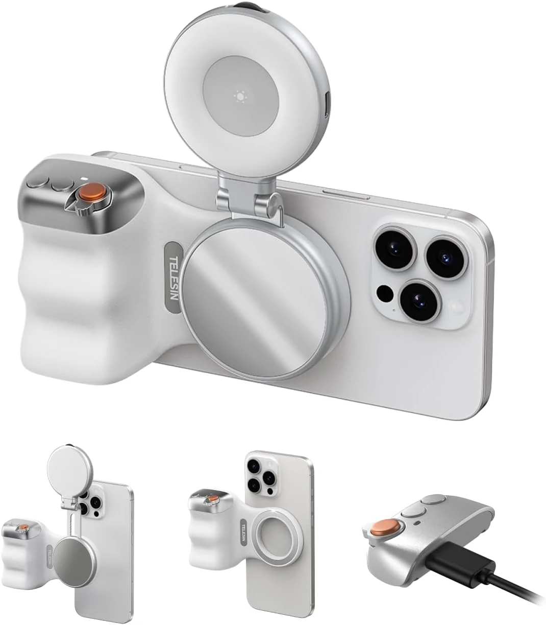 TELESIN Fun Shot Magnetic Phone Camera Grip + C03 Magnetic Selfie Light (Silver) Bundle Kit