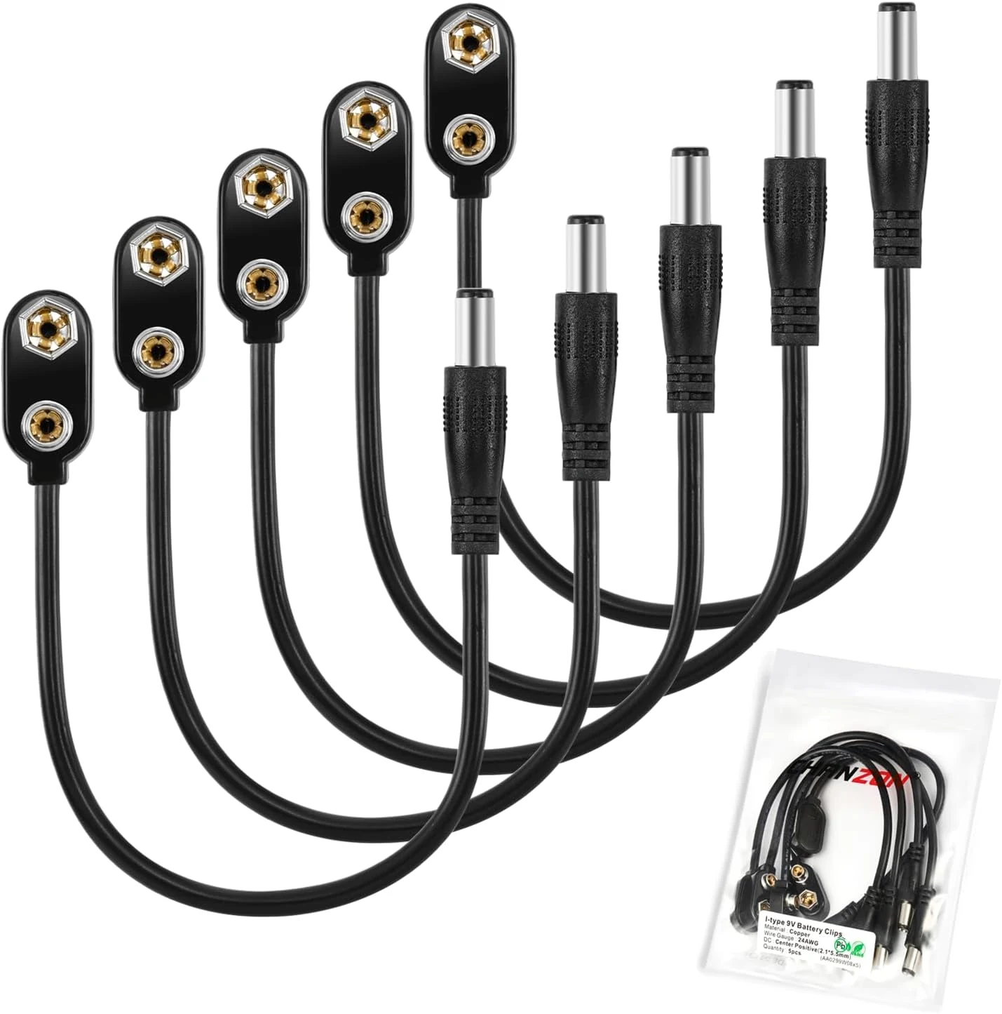 CHANZON UL Wire 9V Battery I-Type Power Supply with Center Positive 2.1mm x 5.5mm Male DC Connector Holder Clip Converter (5 Pack)