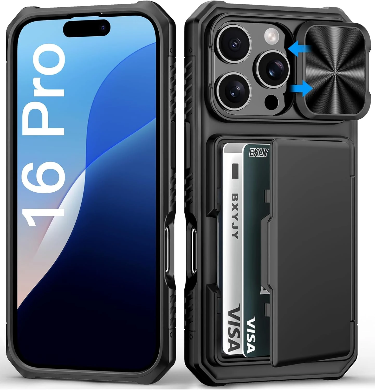 BXYJY for iPhone 16 Pro Case Wallet, Built-in Card Holder (4-5 Cards), Slide Camera Cover