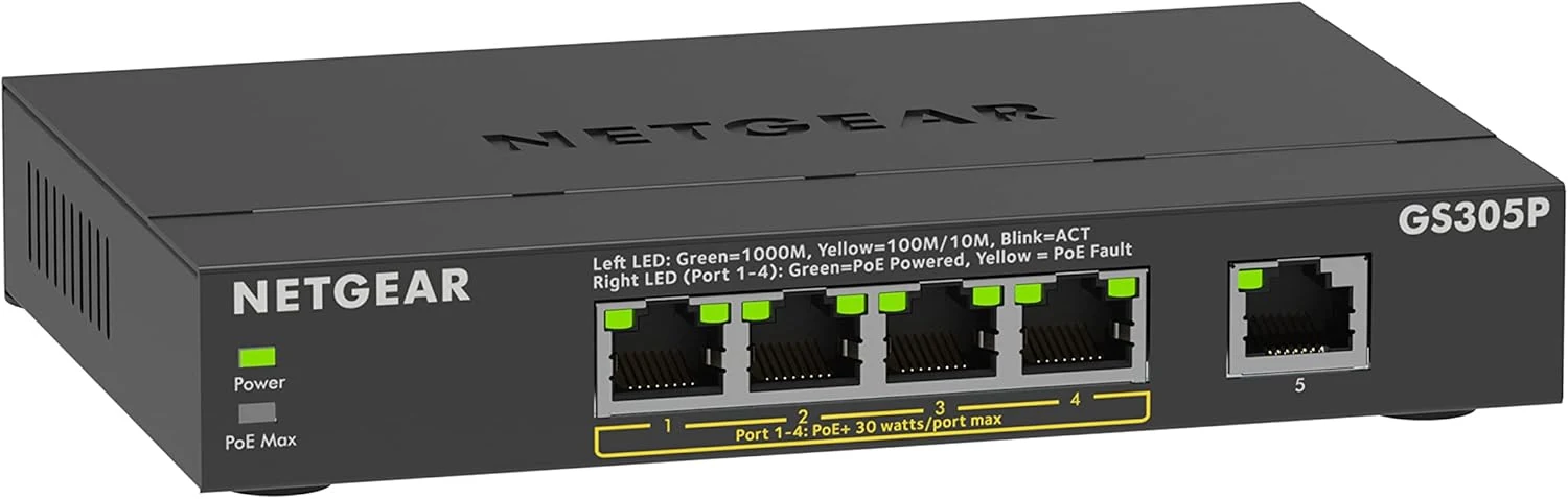 NETGEAR 5-Port Gigabit PoE Switch (GS305P) - Unmanaged Essentials Switch with 4 x PoE+ Ports @ 63W