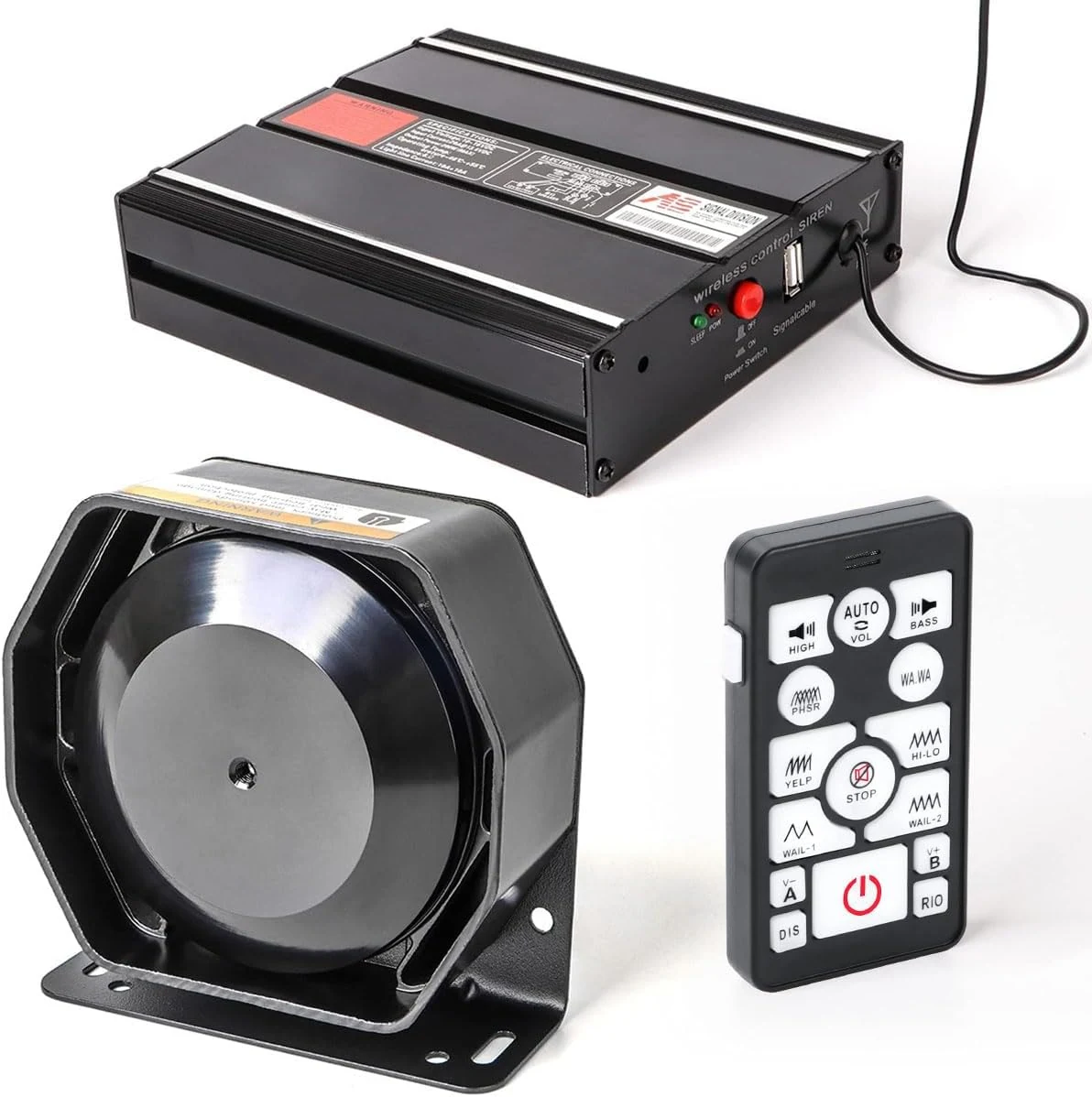 SMALLFATW Police Siren 20 Tones 130 DB 200 Watt, Dual 20A Auxiliary Switch, Wireless Remote USB Rechargeable 15M Control Range