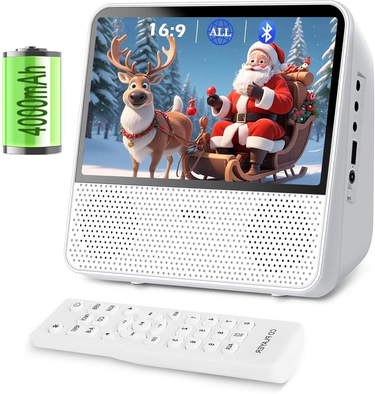 9.8" Portable DVD Player with Bluetooth, 1024 x 600 Screen, 4000mAh Rechargeable
