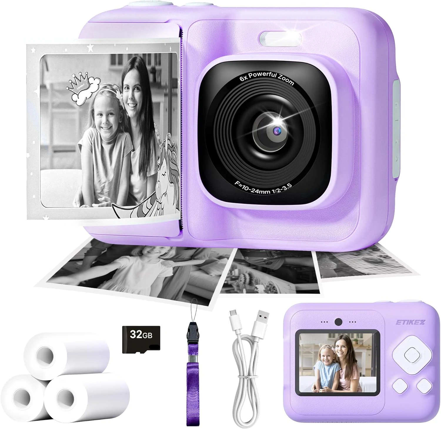 ETIKEZ kids instant print camera (1080P, 32GB SD, 3 paper rolls)
