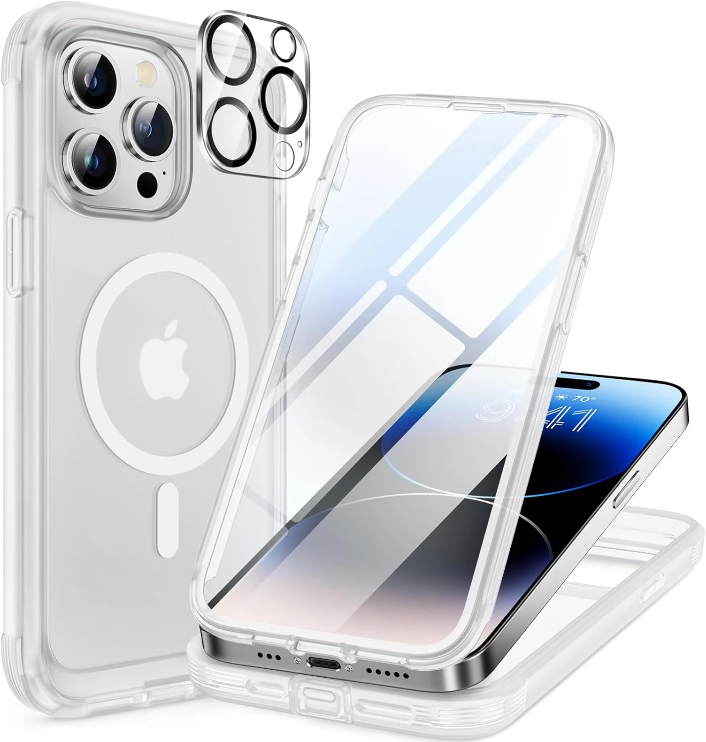 Miracase Magnetic for iPhone 14 Pro Case 6.1 inch, (Compatible with MagSafe) Upgrade Full-Body Clear Phone Bumper Case with Built-in 9H Tempered Glass Screen Protector, Frosted Clear