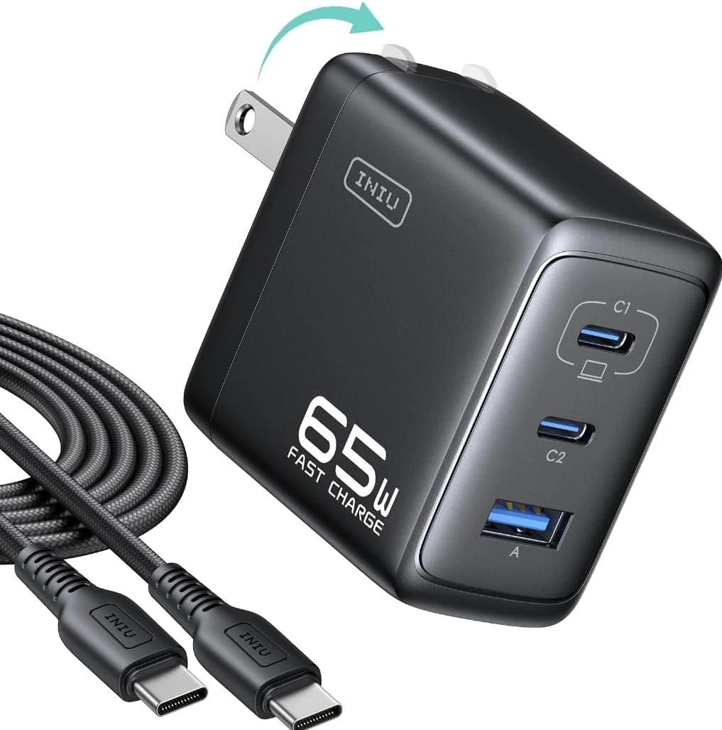 INIU 65W USB C Charger Block, 3-Port GaN Fast Charging Adapter