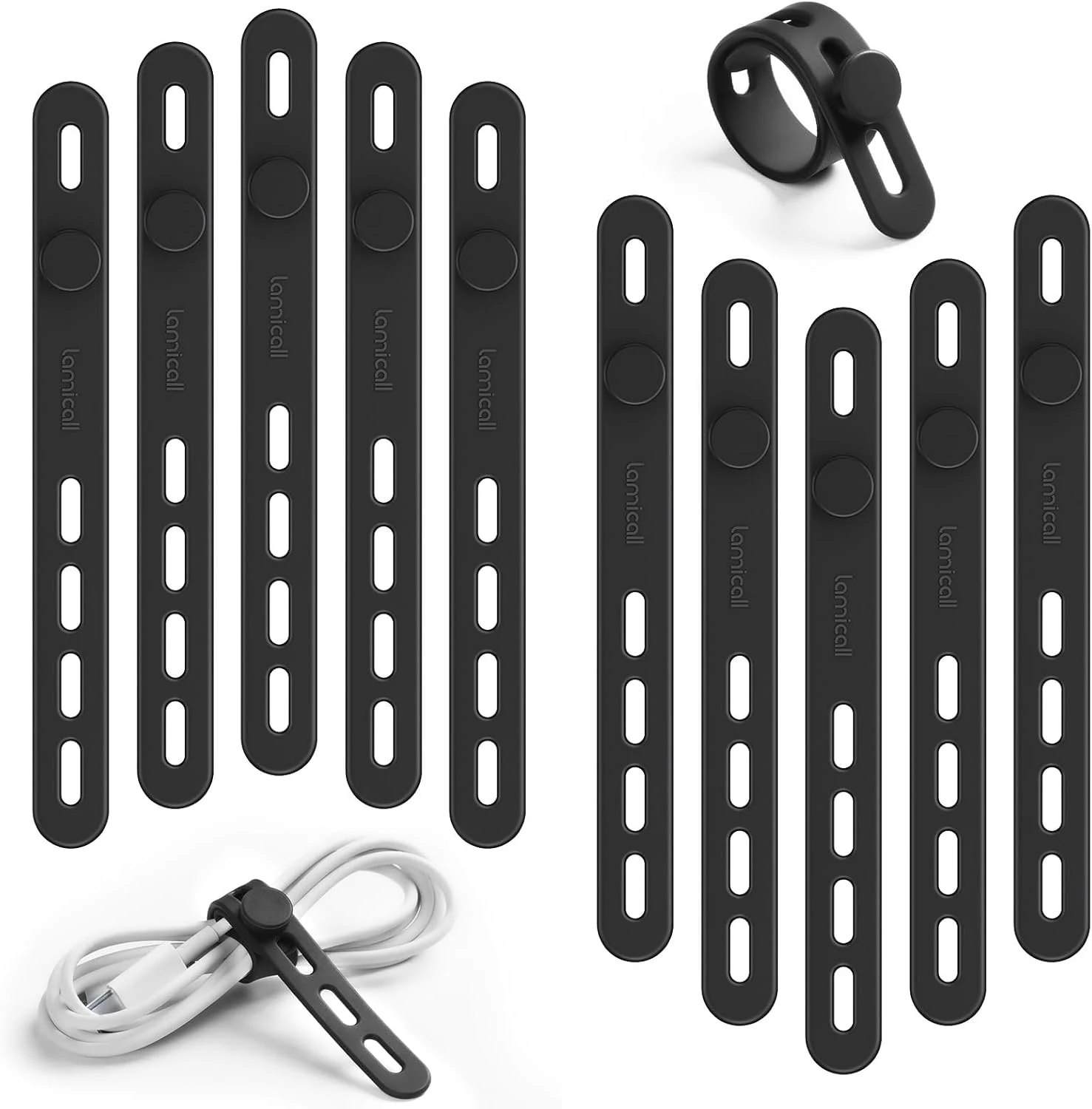 Lamicall 10Pack Reusable Cord Organizer Cable Ties - Silicone Cord Management Wraps, Stretchy Rubber Charger Cable Strap Ties, Skin-Friendly Electrical Wire Keeper for Travel, Home Office Accessories