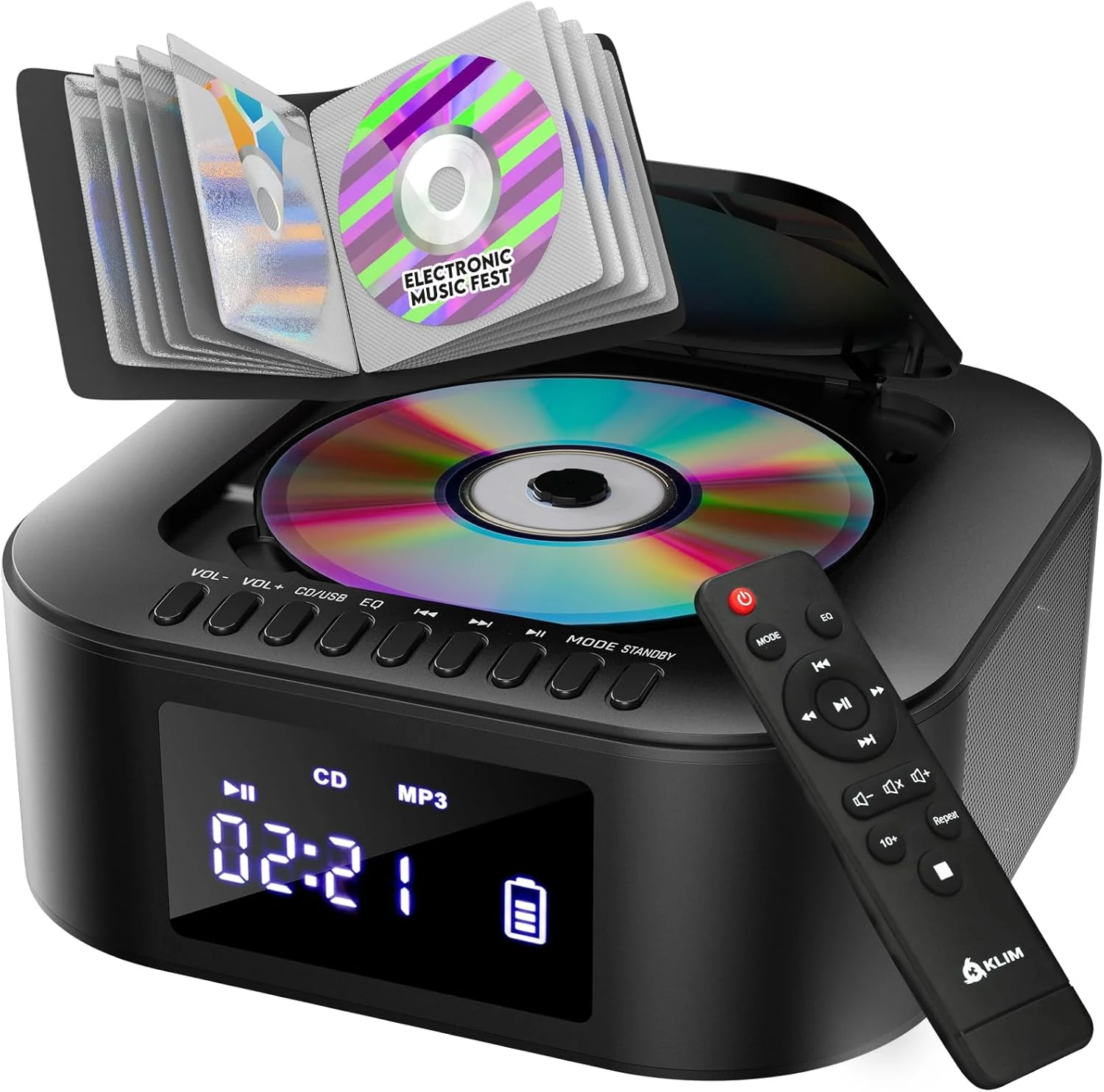 KLIM Boombox E1 with CD case (portable CD player with Bluetooth, FM radio, USB/AUX, rechargeable battery)