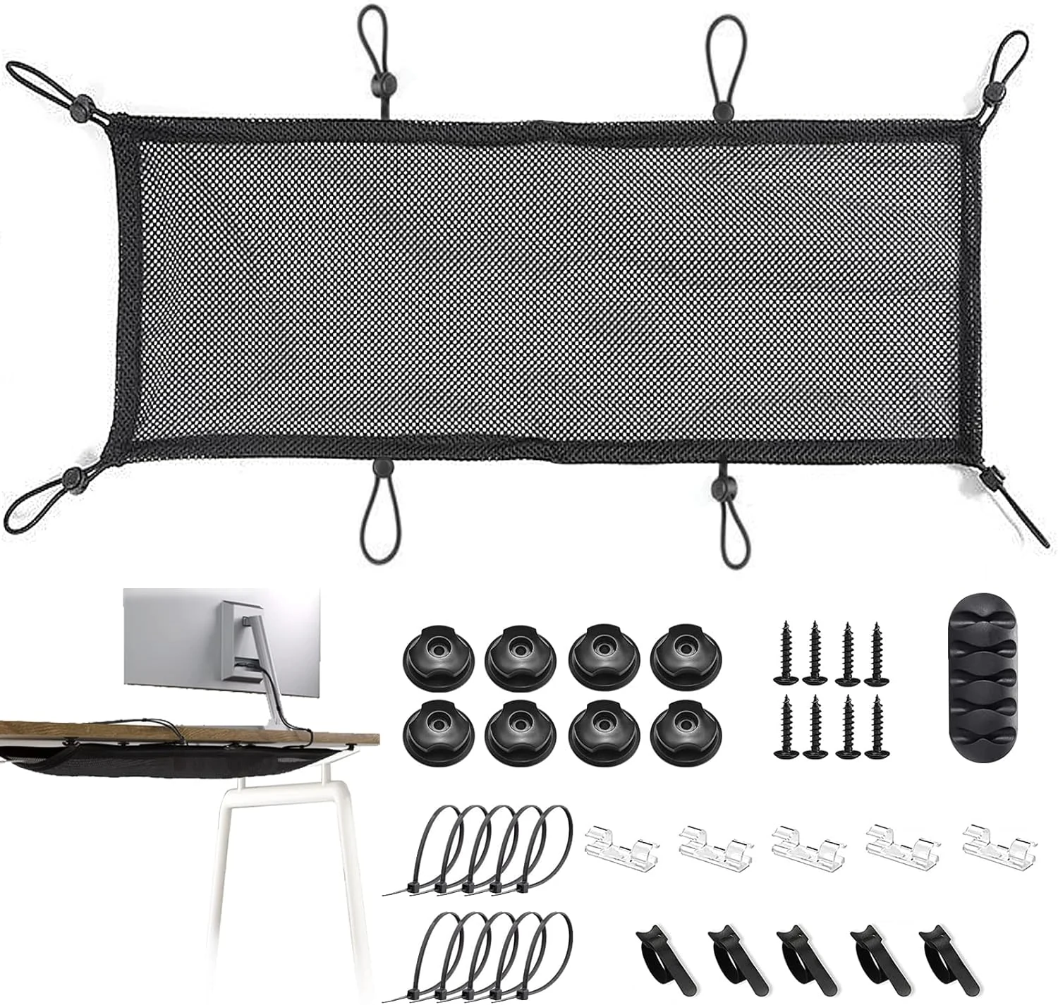 Under Desk Cable Management Net, 36PCS Under Table Cord Management Mesh Organizer