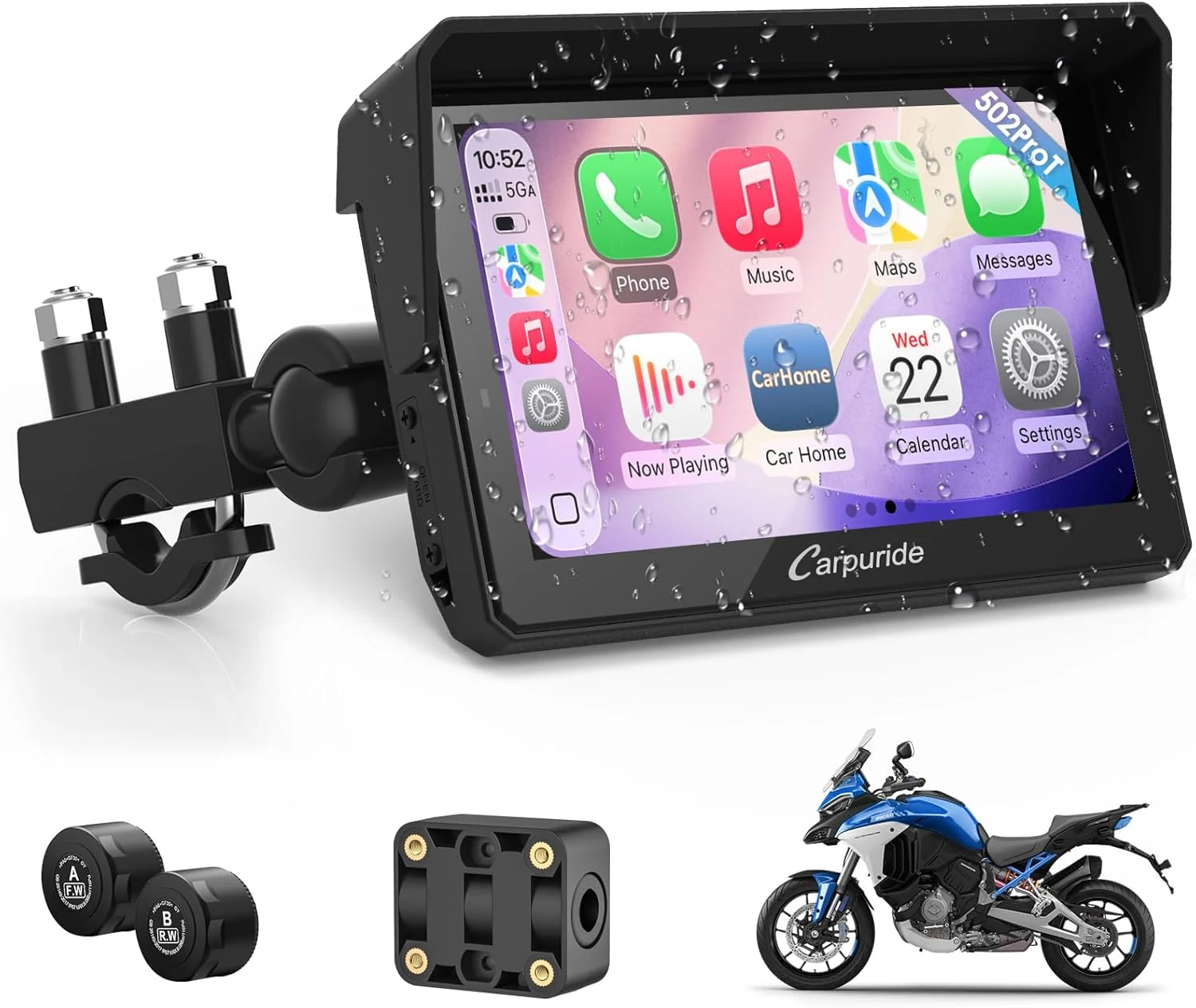 Carpuride W502TPRO for Motorcycle CarPlay& Android Auto& TPMS& Dual Bluetooth