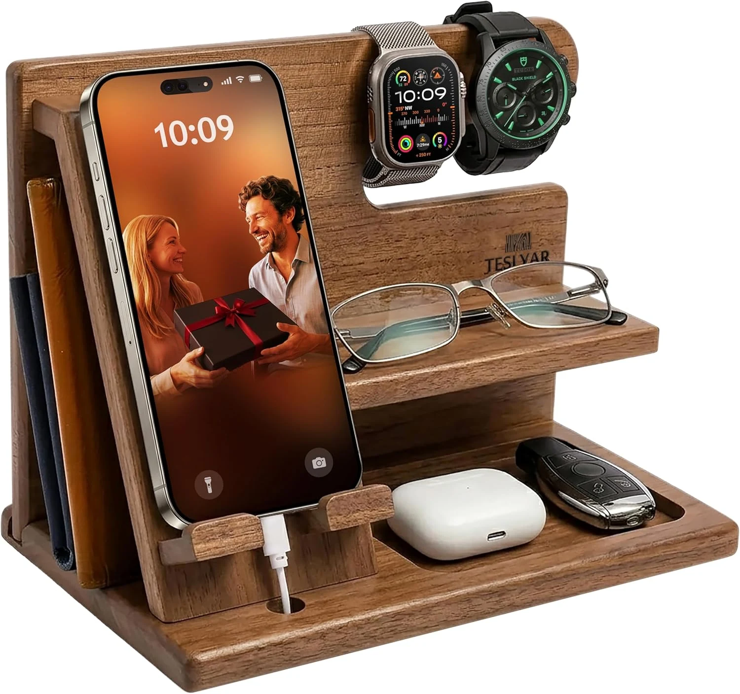 TESLYAR Wood Phone Docking Station for Men (Earth Beige)