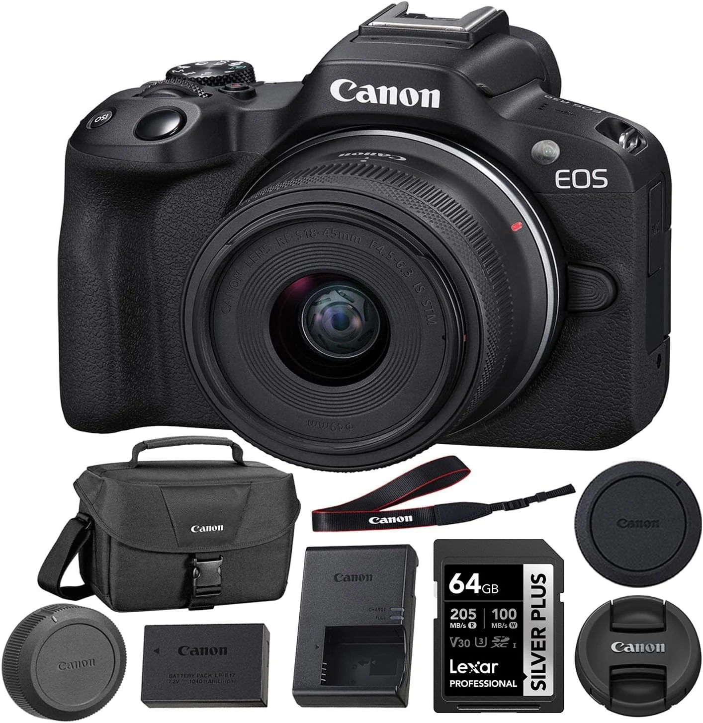 Canon EOS R50 Mirrorless Camera with 18-45mm Lens (Black) Bundle with 64GB Memory Card + Canon 200ES EOS Shoulder Bag