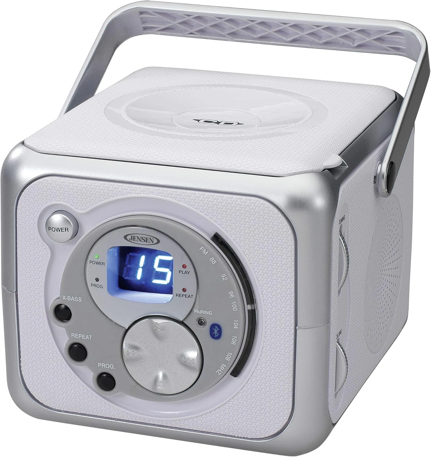 Jensen CD-555 White/Silver CD Bluetooth Boombox Portable Bluetooth Music System with CD Player +CD-R/RW & FM Radio (CD555)