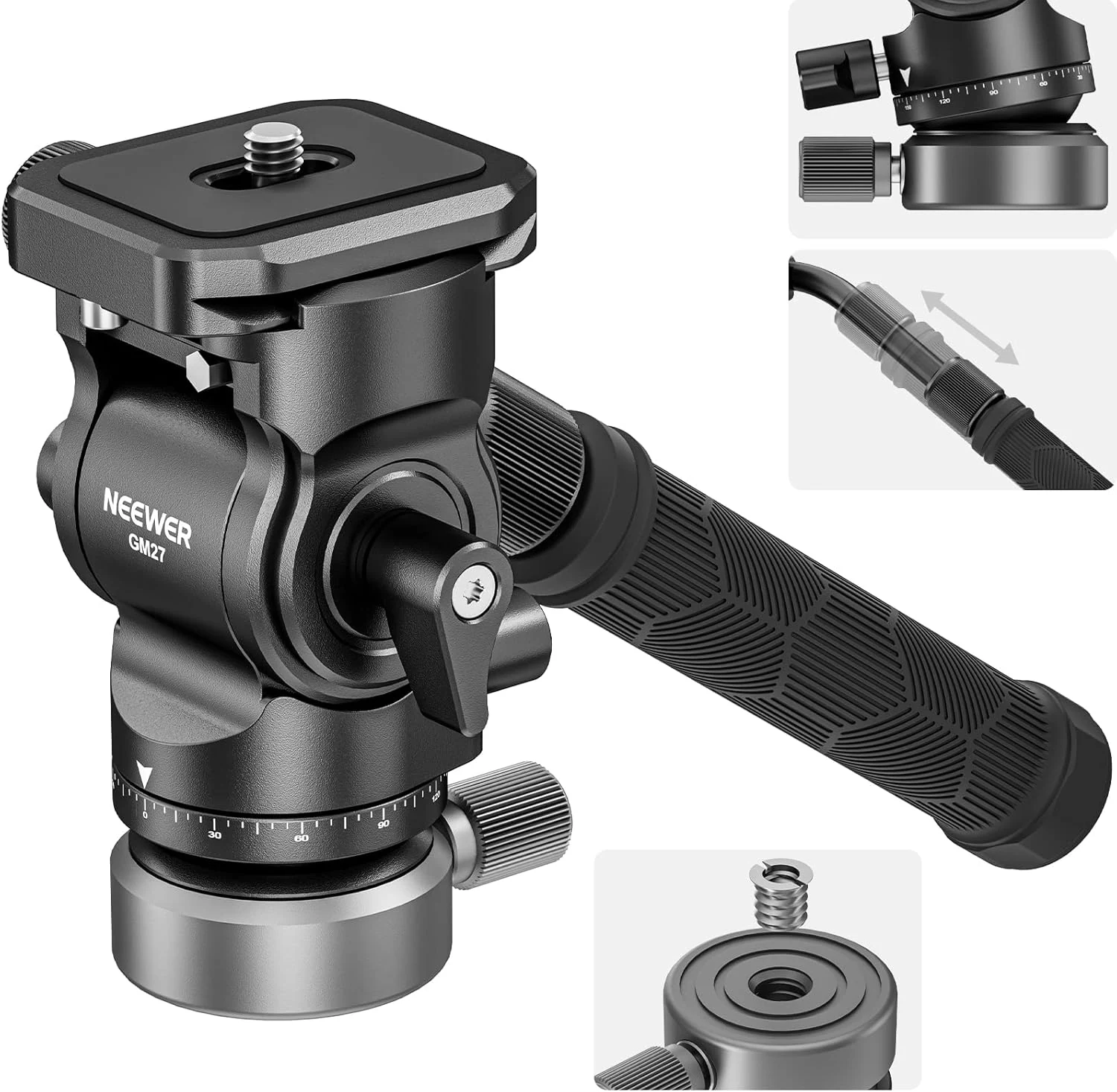 NEEWER Tripod Fluid Head with +/-10° Leveling Base(37mm Dia.), Metal Pan Tilt Head with Arca Type QR Plate, Telescopic Handle (GM27)